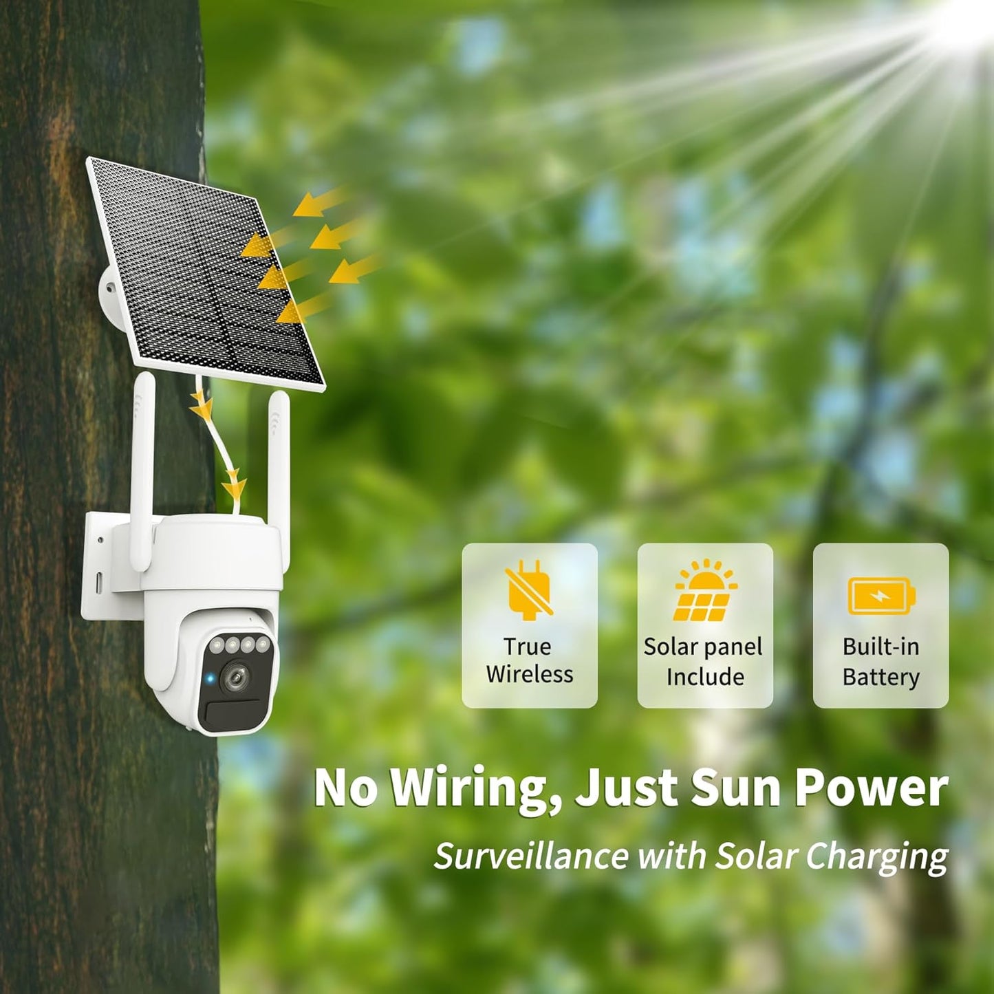 Wireless Solar Security Camera - 360° View, Two-Way Talk, Auto Tracking, Color Night Vision