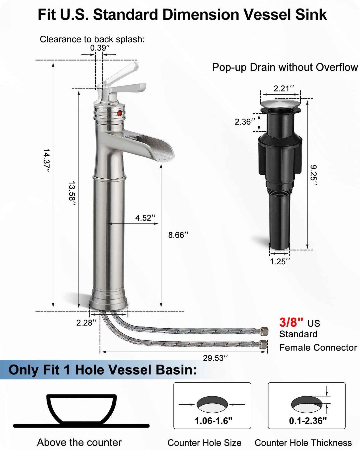 HEYMYTAP Brass Vessel Sink Faucet Brushed Nickel Waterfall Bathroom Faucet Tall 1 Hole, Single Handle with Pop-up Drain & Water Hoses for Bathroom Vanity Vessel Sink