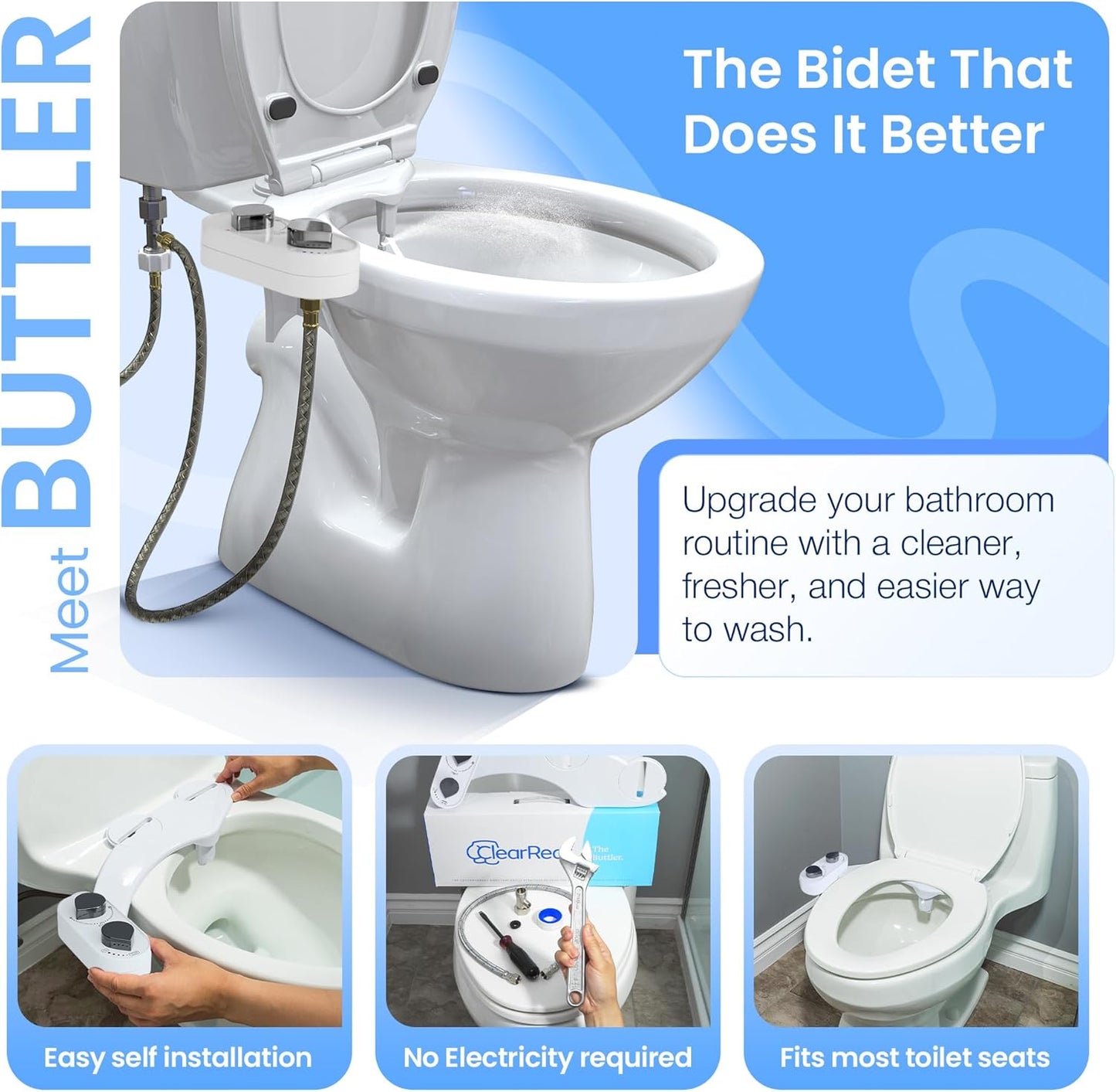 Non-Electric CLEAR REAR Bidet Attachment for Toilet - Self-Cleaning Dual Nozzle, Adjustable Pressure, White