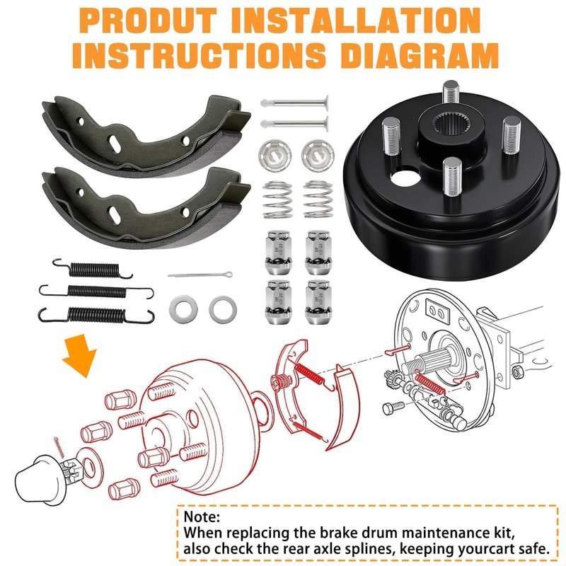 EZGO TXT Brake Hub Drum Maintenance Kit for 1997-2008 EZGO TXT Electric Vehicles, Includes Brake Drums Brake Shoes Spring Kits, OEM# 19186G1 70794G01 70795G01, Not Fit Gas Models