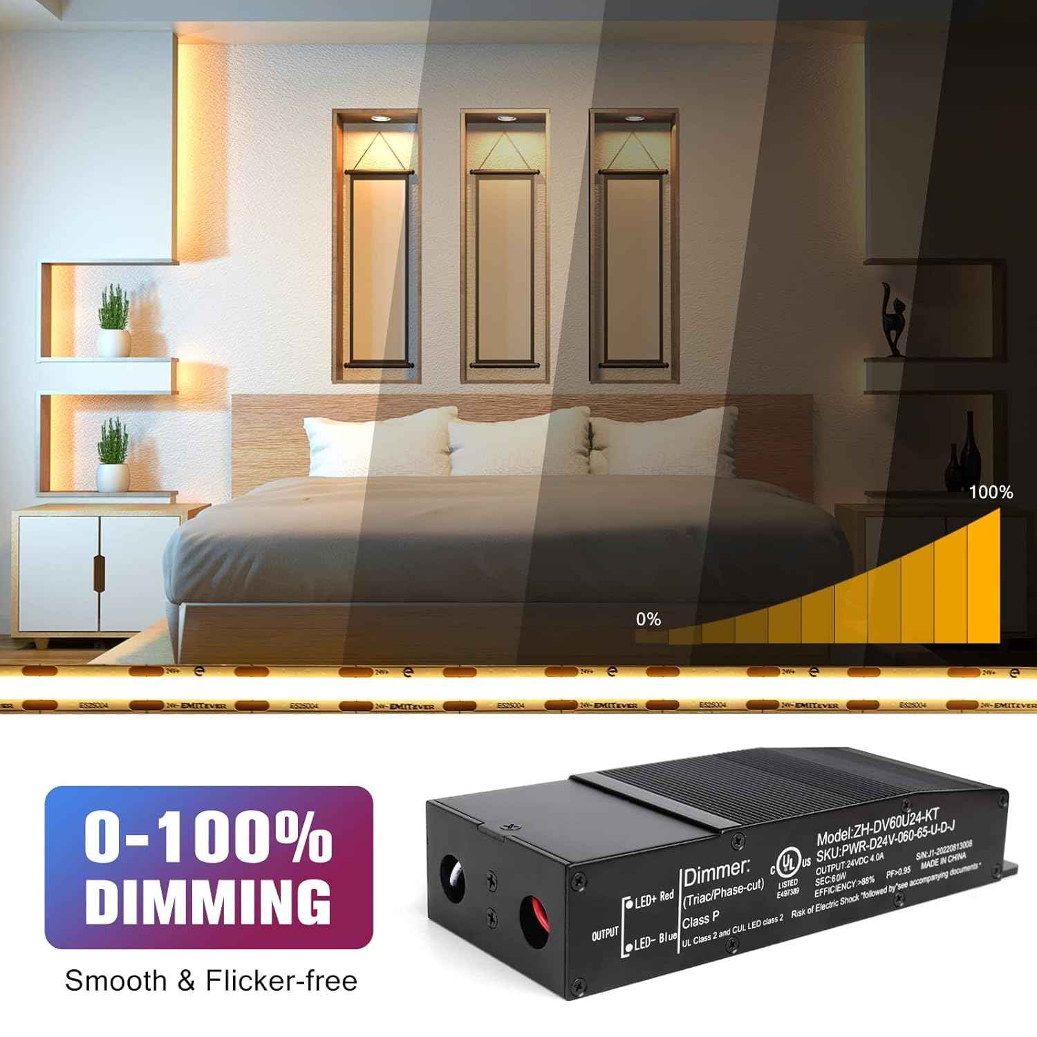 60W Dimmable LED Driver - Triac Power Supply for LED Lights, Waterproof IP67, UL Listed