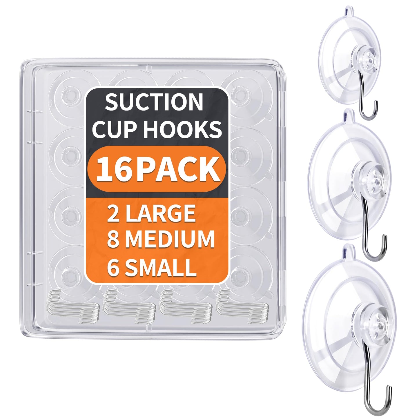 KORCCI Suction Cup Hooks 16Pack Assorted Size- 6 Small 8 Medium 2 Large, Clear Suction Cup, Stainless Steel Hook, No Trace, Reusable & Removable, for Tile, Glass, Window, Shower, Kitchen, Bathroom