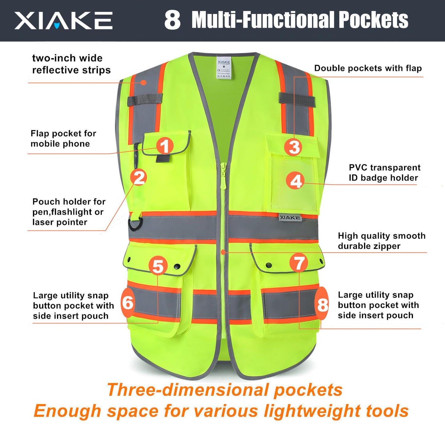 XIAKE Reflective Safety Vest for Men & Women High Visibility Class 2 Vest with 2 Inch Dual Tone Reflective Strips (Yellow - Orange Trim, Small)