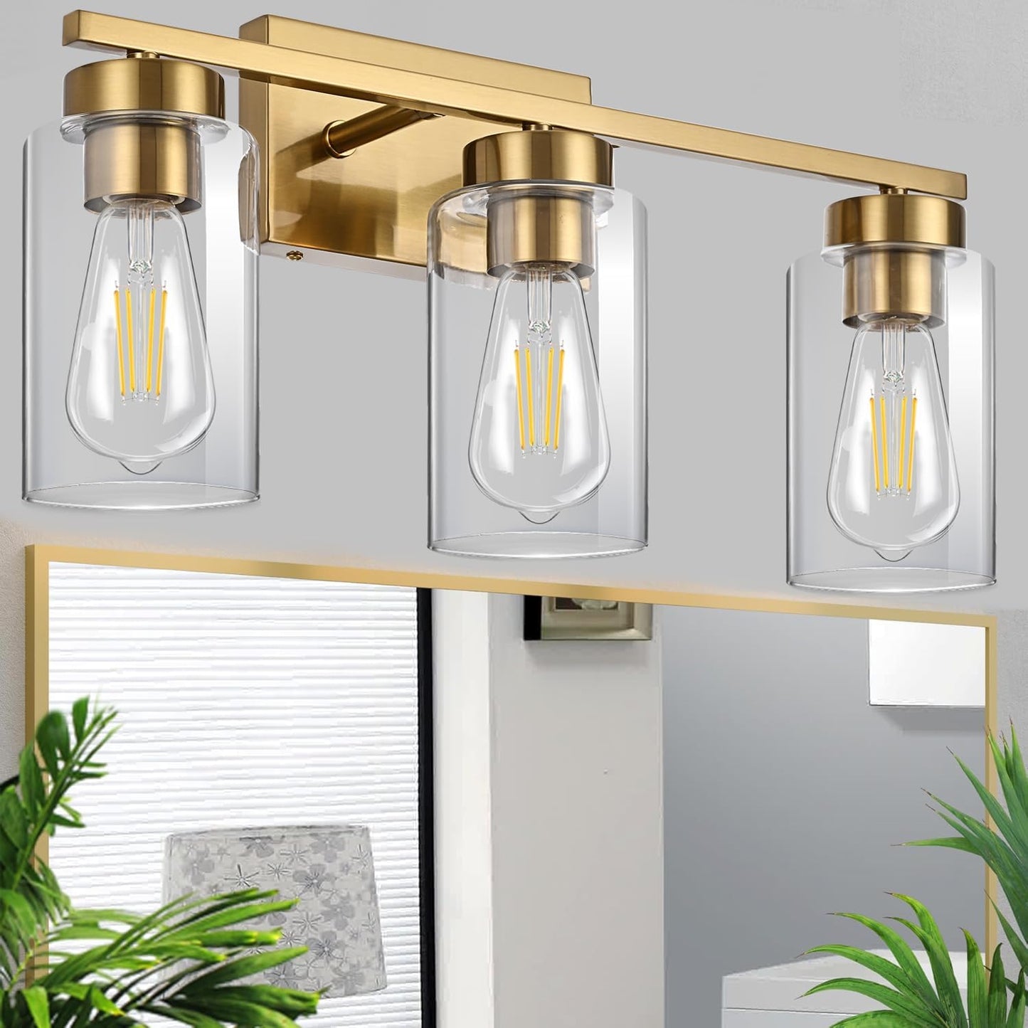 Modern 3-Light Bathroom Vanity Light in Brushed Gold with Clear Glass Shades
