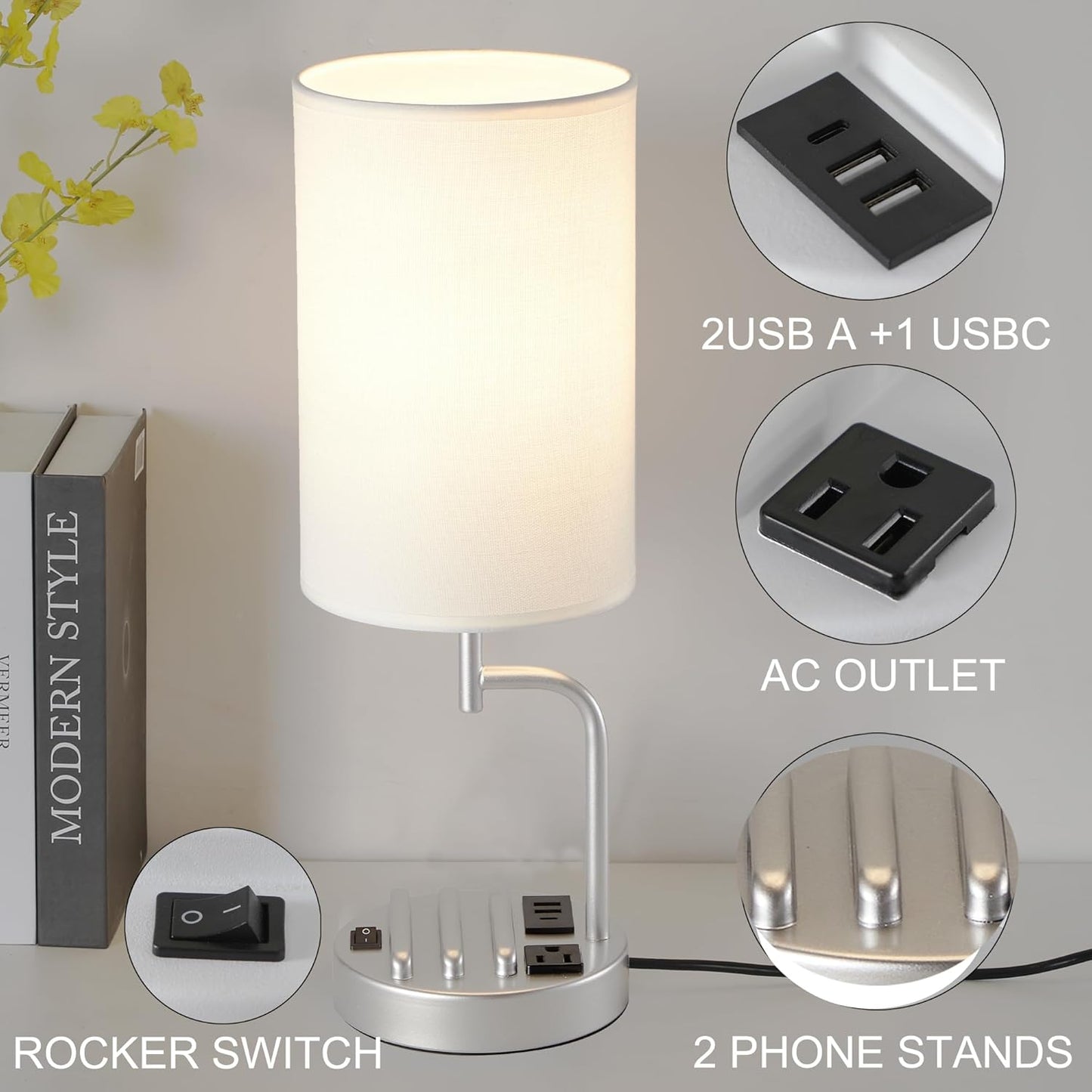Modern Table Lamp with 3 USB Ports & AC Outlet - Set of 2 Bedside Desk Lamps in Silver