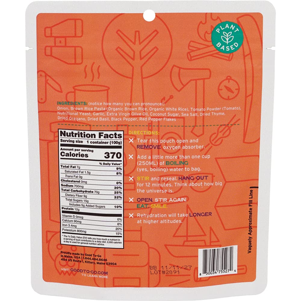 GOOD TO-GO Pasta Marinara (Single Serving) |Camping & Backpacking Food | Just Add Water Backpacking Meals | Good To-Go Dehydrated Meals Taste Better Than Freeze Dried Food