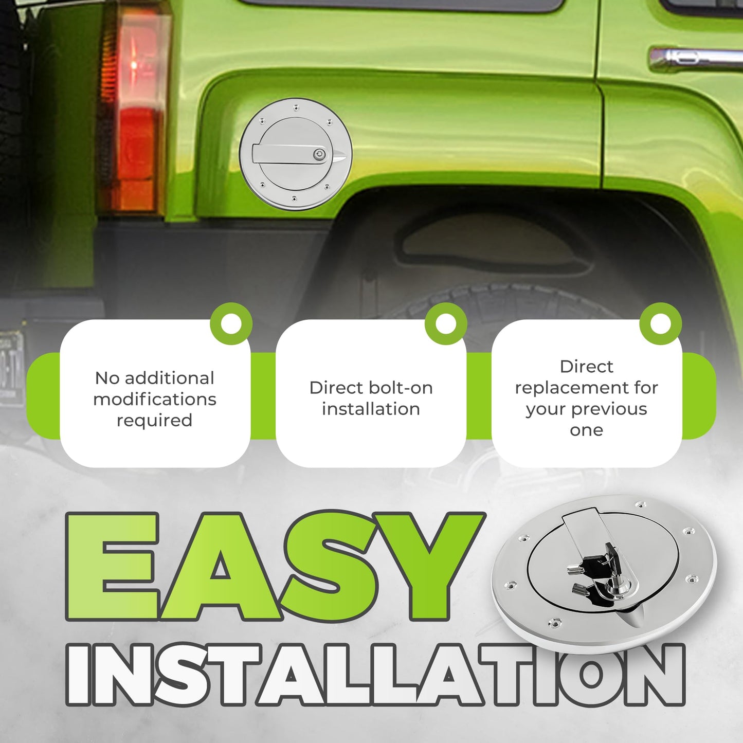 KUAFU Locking Fuel Door Compatible with 2003-2010 Hummer H3 H3T Fuel Filler Tank Door Gas Tank Cap Cover Chrome Silvery Aluminum