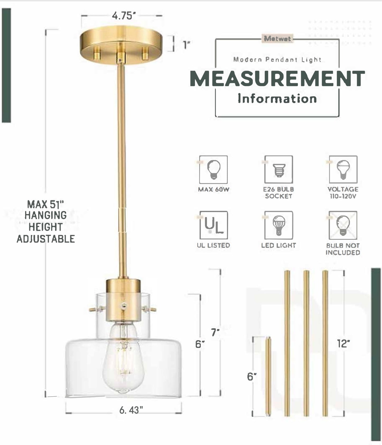 METWET 2 Pack Pendant Lights Kitchen Island, Brushed Gold Pendant Light Fixtures Over Island with Clear Glass Shade, 6" Modern Brass Kitchen Island Lighting for Dining Room Entryway, PL124-BG-G-2PK