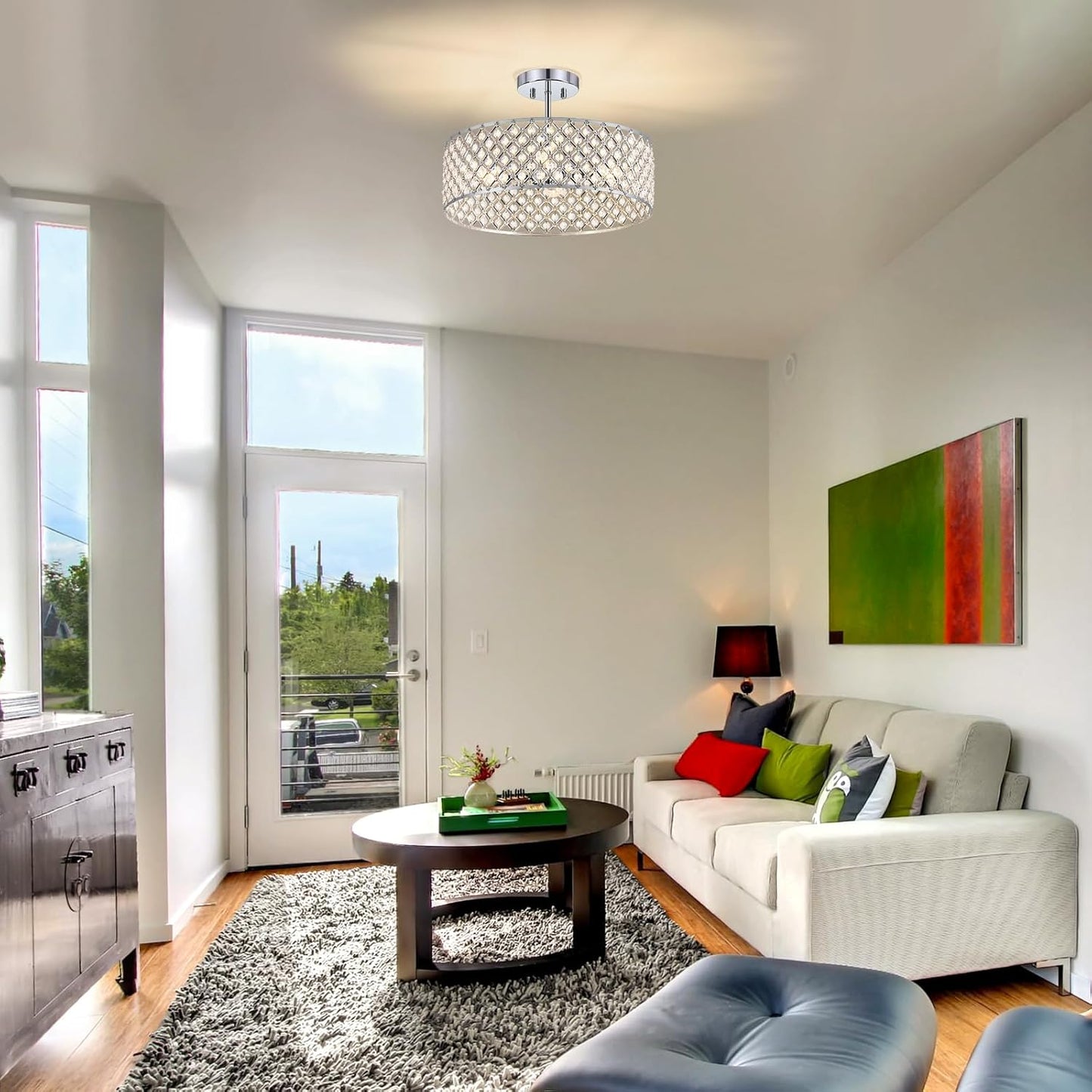 Modern Black Crystal Semi Flush Mount Ceiling Light Fixture - 11.2" Round Chandelier for Dining Room, Hallway, Kitchen & Bedroom