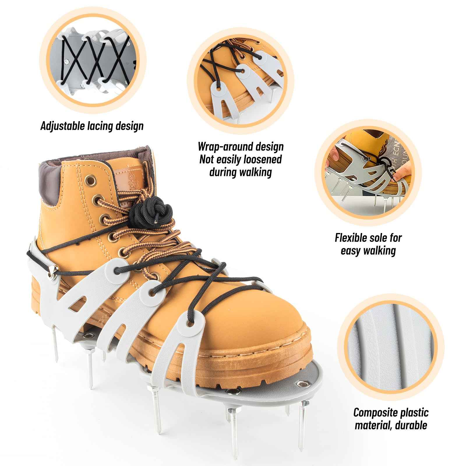 JIAN BOLAND Lawn Aerator Shoes - Wrap Around Lacing Design Spiked Shoes for Lawn Aerator, Flexible Bendable Sole Walk Freely One Size Fits All, Grass Aeration Spikes Tools