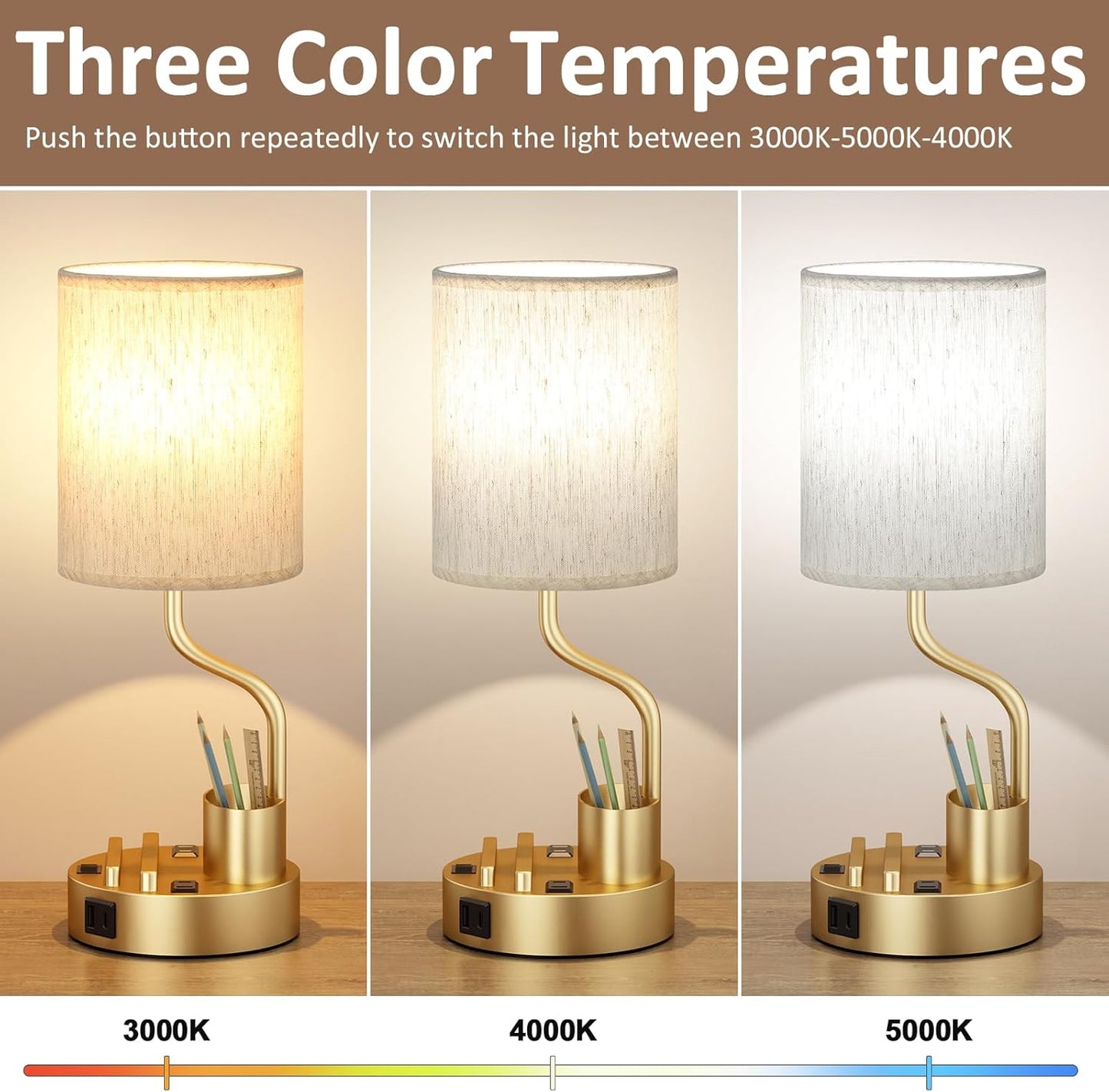 Set of 2 Bedside Table Lamps with USB & AC Outlet - 3 Color Temperatures, Desk Light & Phone Stand for Bedroom, Living Room, Office