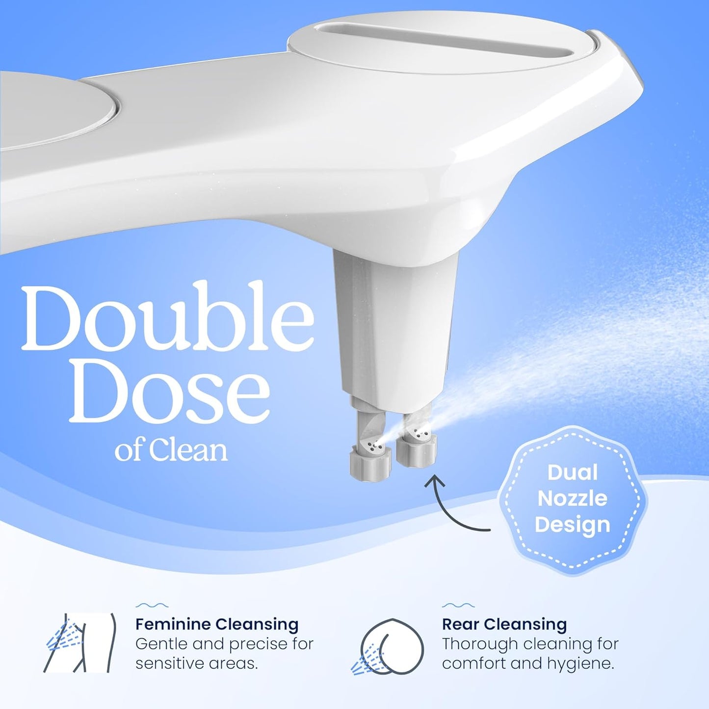 Non-Electric CLEAR REAR Bidet Attachment for Toilet - Self-Cleaning Dual Nozzle, Adjustable Pressure, White