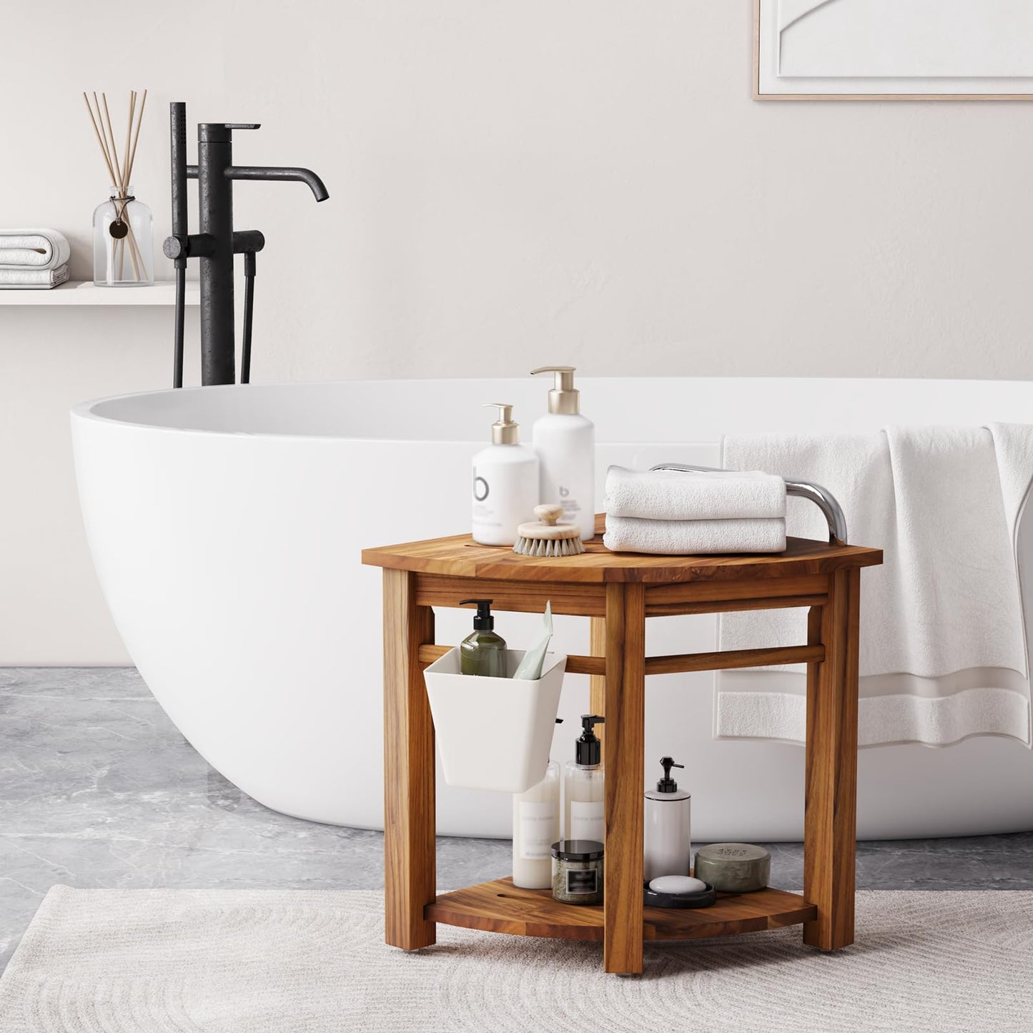 Kiasthome Teak Corner Shower Bench, Waterproof Bathroom Teak Shower Bench, Sturdy Non-Slip Bath Shower Foot Stool for Shaving Legs with Storage Baskets and Shelves