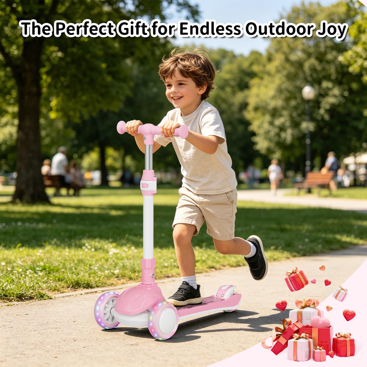 3 Wheel Scooter for Kids Ages 3+, Folding Toddler Scooter, Battery Free LED Light Up Wheels, 4 Adjustable Heights, Lean to Steer, Smooth Gliding Outdoor Ride, for Boys Girls