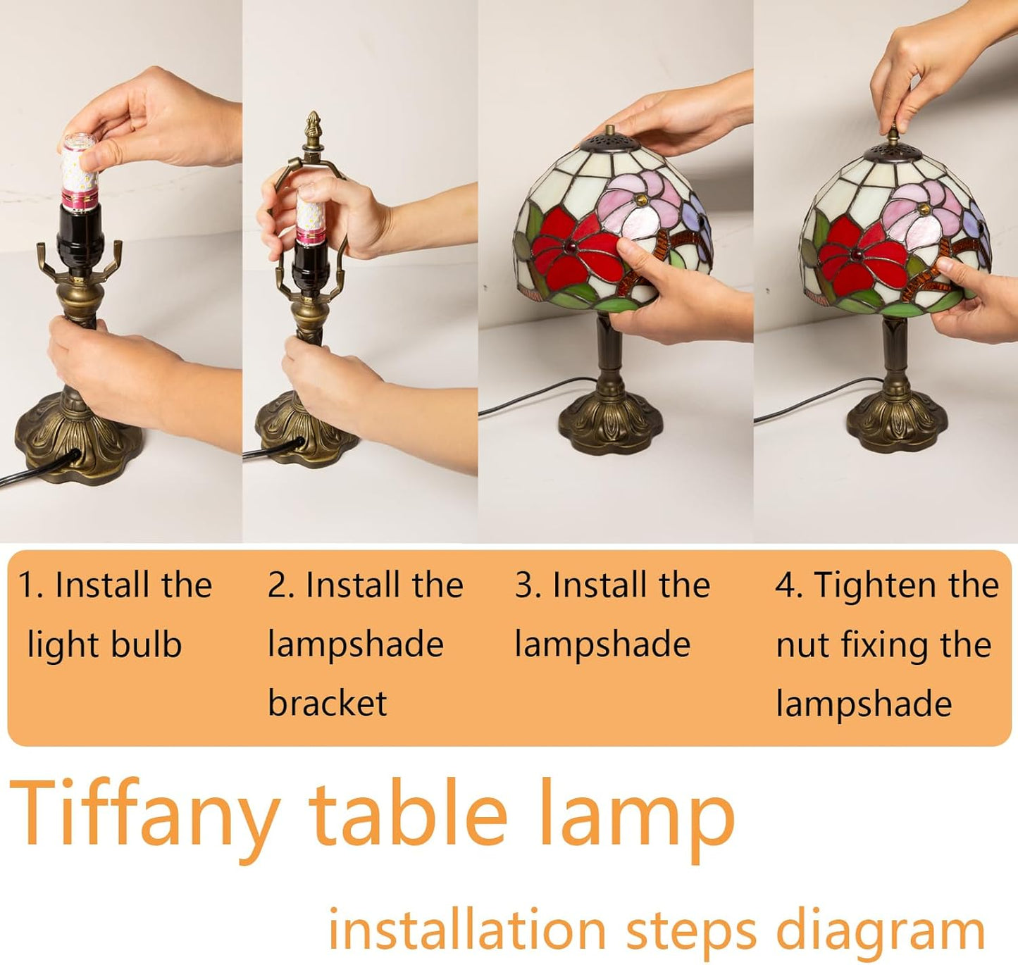Tiffany Table Lamp - 8 Inch Antique Stained Glass, 3 Color Temperatures, Handcrafted for Bedroom & Living Room