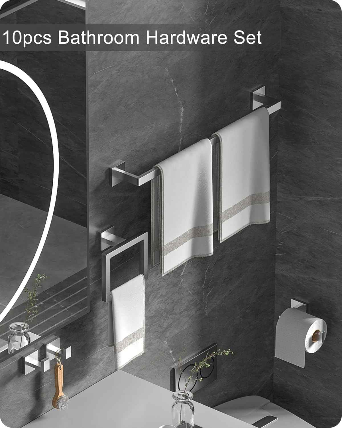 Brushed Nickel Bathroom Hardware Set - 10-Piece Towel Bar, Ring, Hook & Holder Kit