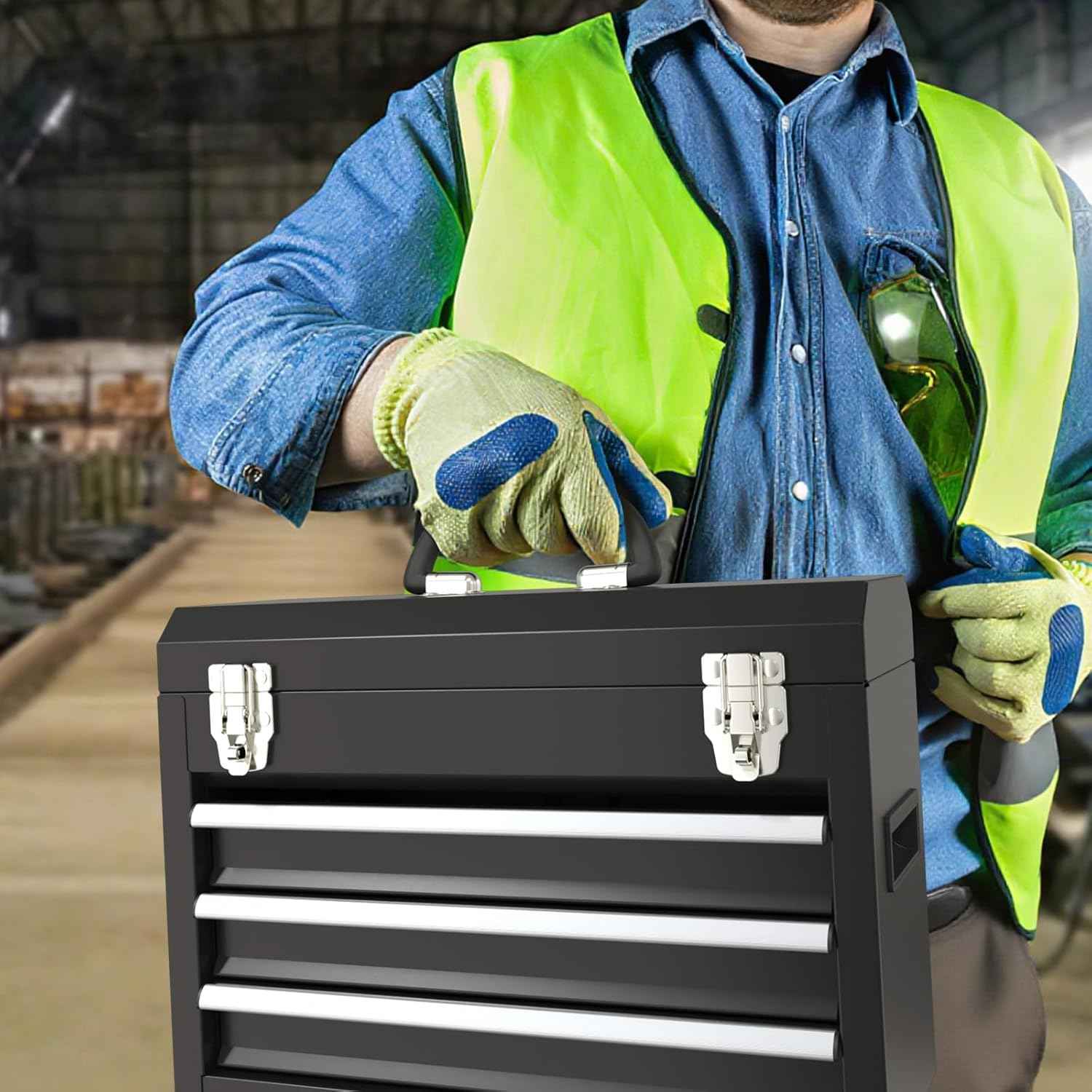 Portable Pink 3-Drawer Steel Tool Box with Locking System for Tool Storage