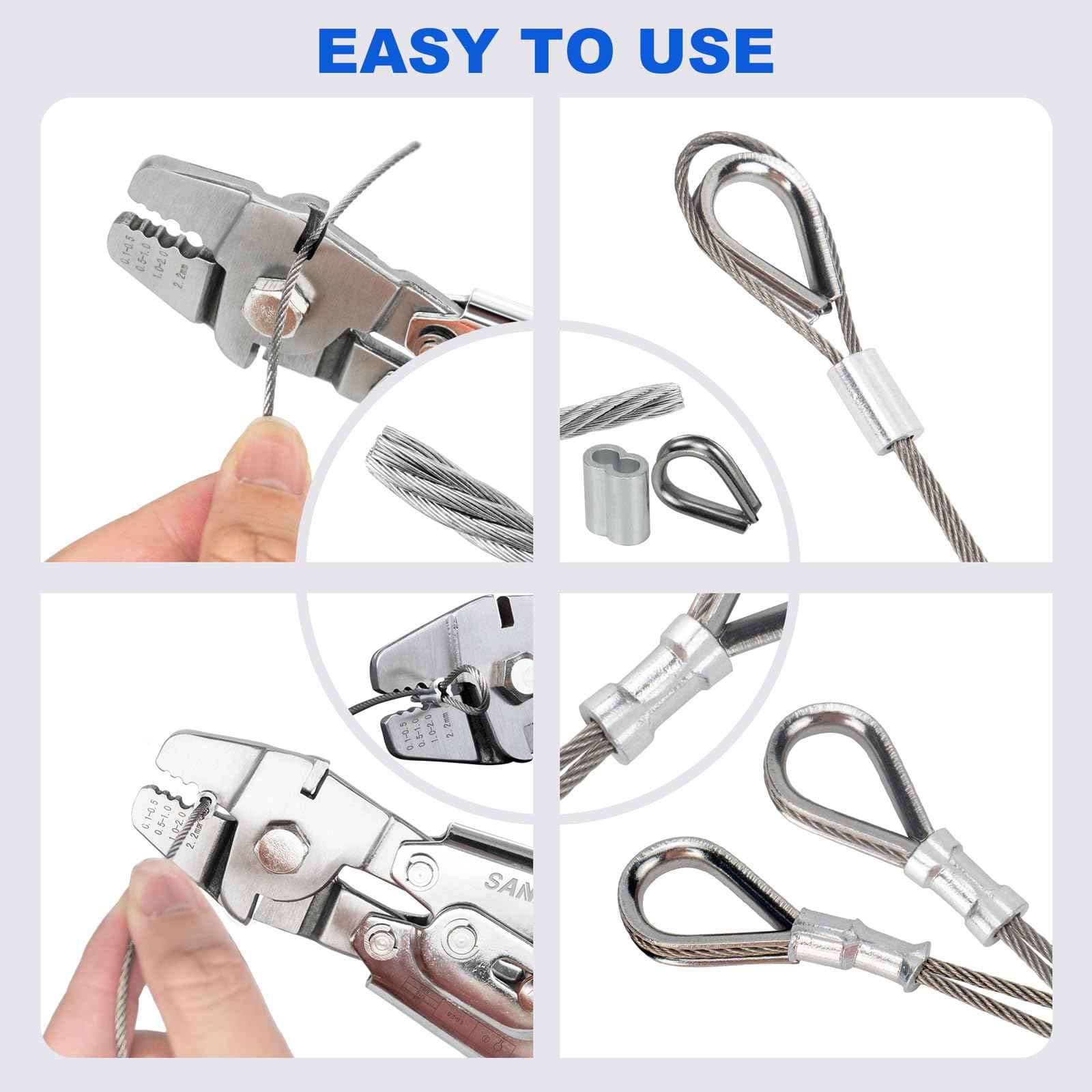 Sanuke Wire Rope Crimping Swaging Tool Cable Crimps up to 2.2mm(2/32inch) with 160pcs 4sizes Aluminum Double Barrel Ferrule Loop Sleeve and 10pcs Stainless Steel Thimble Assortment Kit