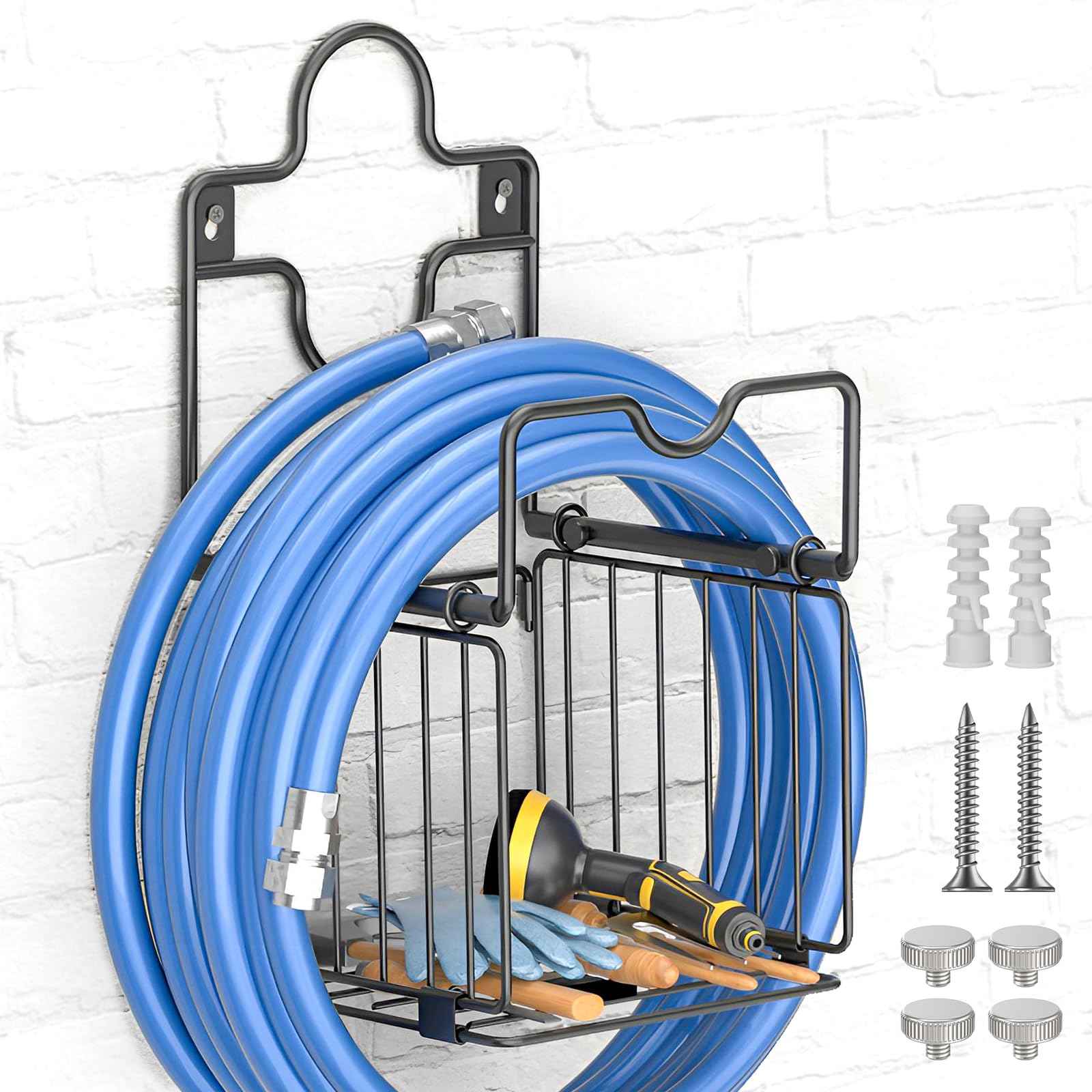 Garden Hose Holders for Outside Metal Water Hose Holder Wall Mount Hose Hanger with Storage Basket Heavy Duty Waterhose Holder for Outside Hose Rack Outdoor Hose Caddy Hook for Garden Organizer Black