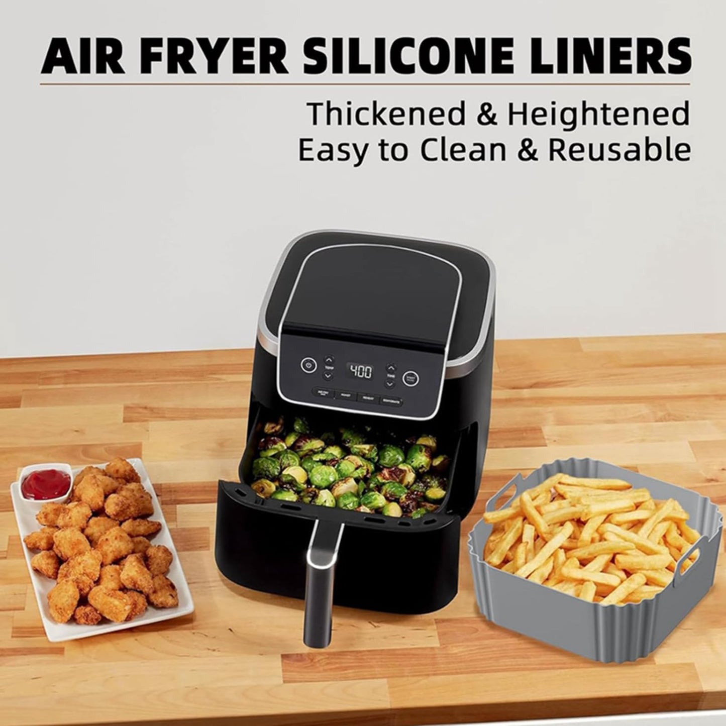 AF140 UK Silicone Air Fryer Liners for Ninja Air Fryer AF180 AF181, for COSORI 5.5 6L, 2pcs Reusable Airfryer AF141 UK Silicone Trays for Philips HD9270, 9 Inch Square Non-Stick Air Fryer Acc
