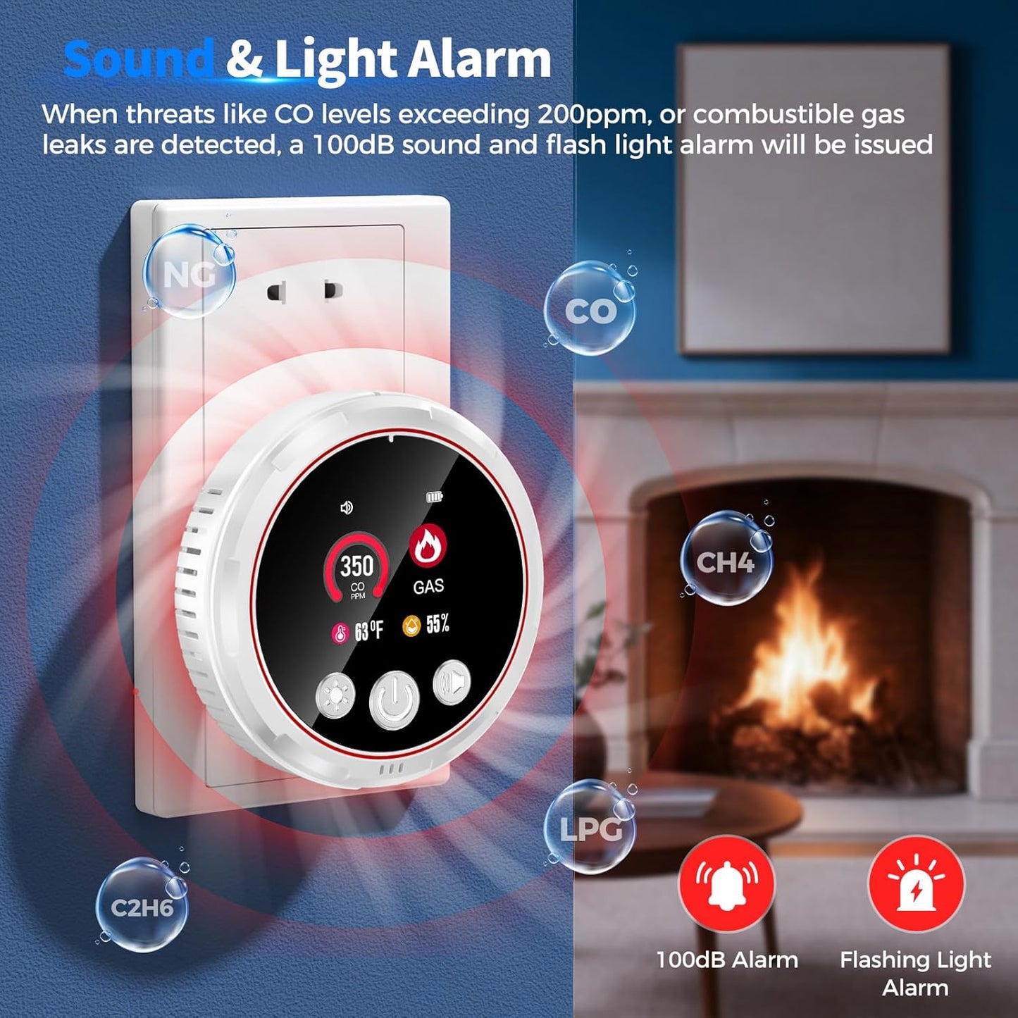 5-in-1 Carbon Monoxide, Smoke & Gas Detector with Battery Backup - HD Digital Screen for Home Safety