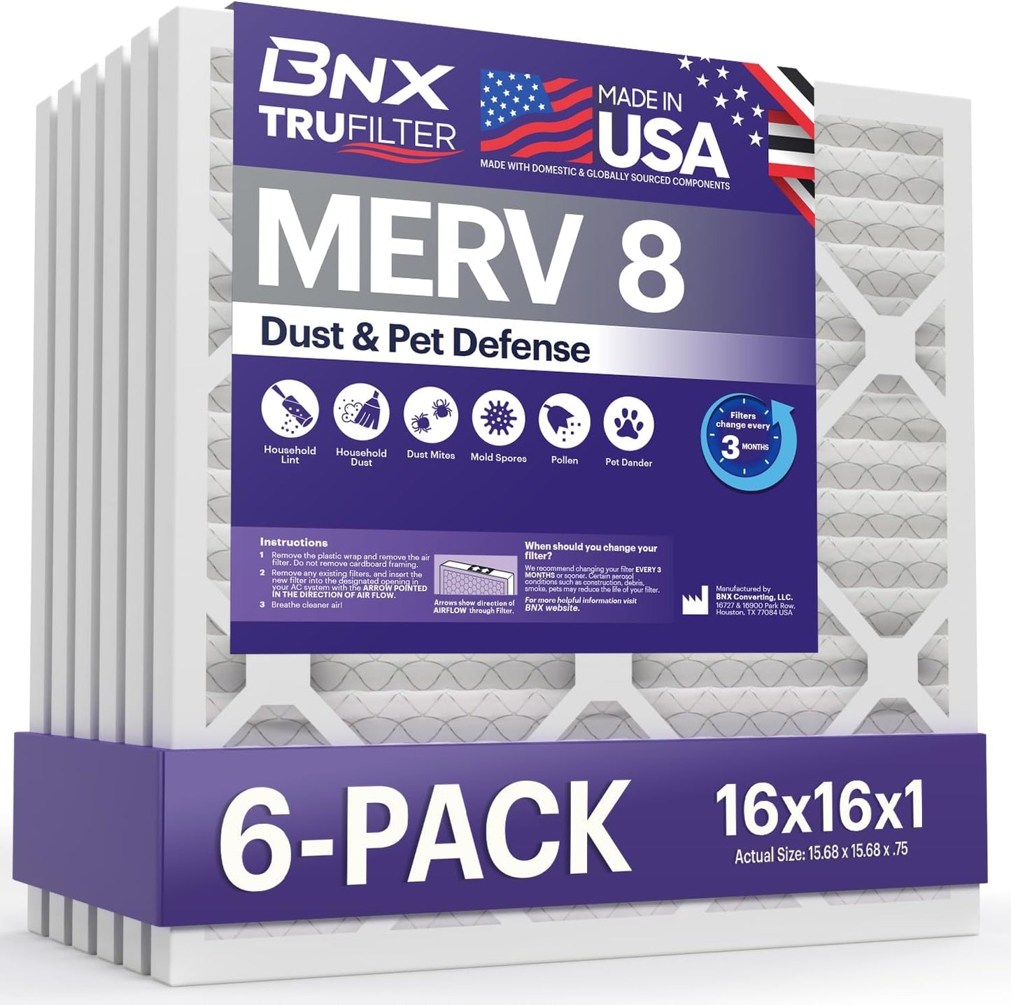 BNX TruFilter 12x12x1 MERV 8 Air Filters (6-Pack) - USA-Made Dust & Pet Defense for HVAC