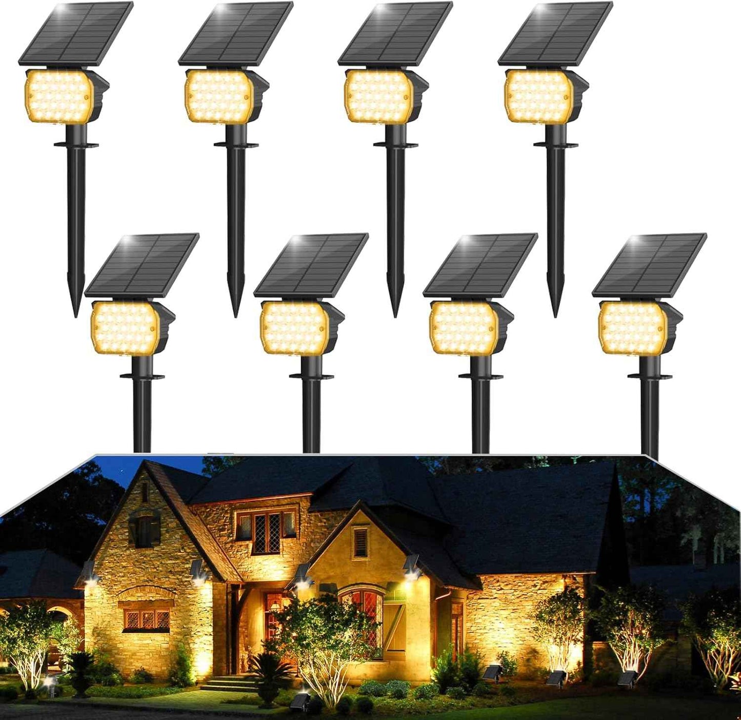 VOLISUN 8-Pack Solar Landscape Spotlights - IP67 Waterproof Uplights for Garden & Pathway, 27 LED Warm White, 3 Lighting Modes