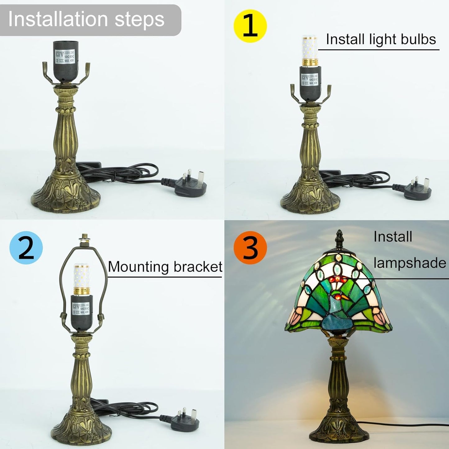Tiffany Table Lamp - 8 Inch Antique Stained Glass, 3 Color Temperatures, Handcrafted for Bedroom & Living Room