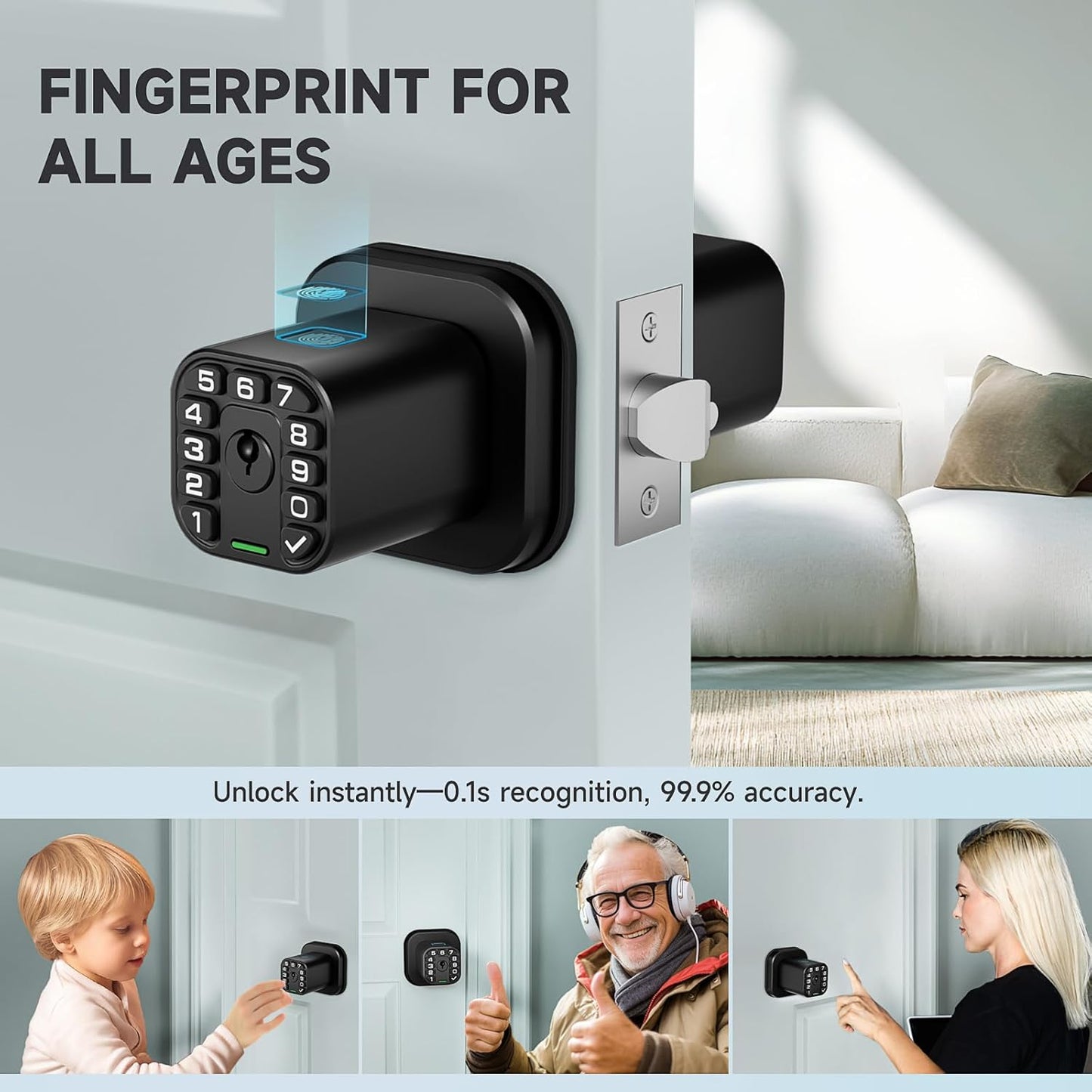 Smart Biometric Fingerprint Door Lock with Keypad - Keyless Entry, Waterproof, Auto Lock - Matte Black