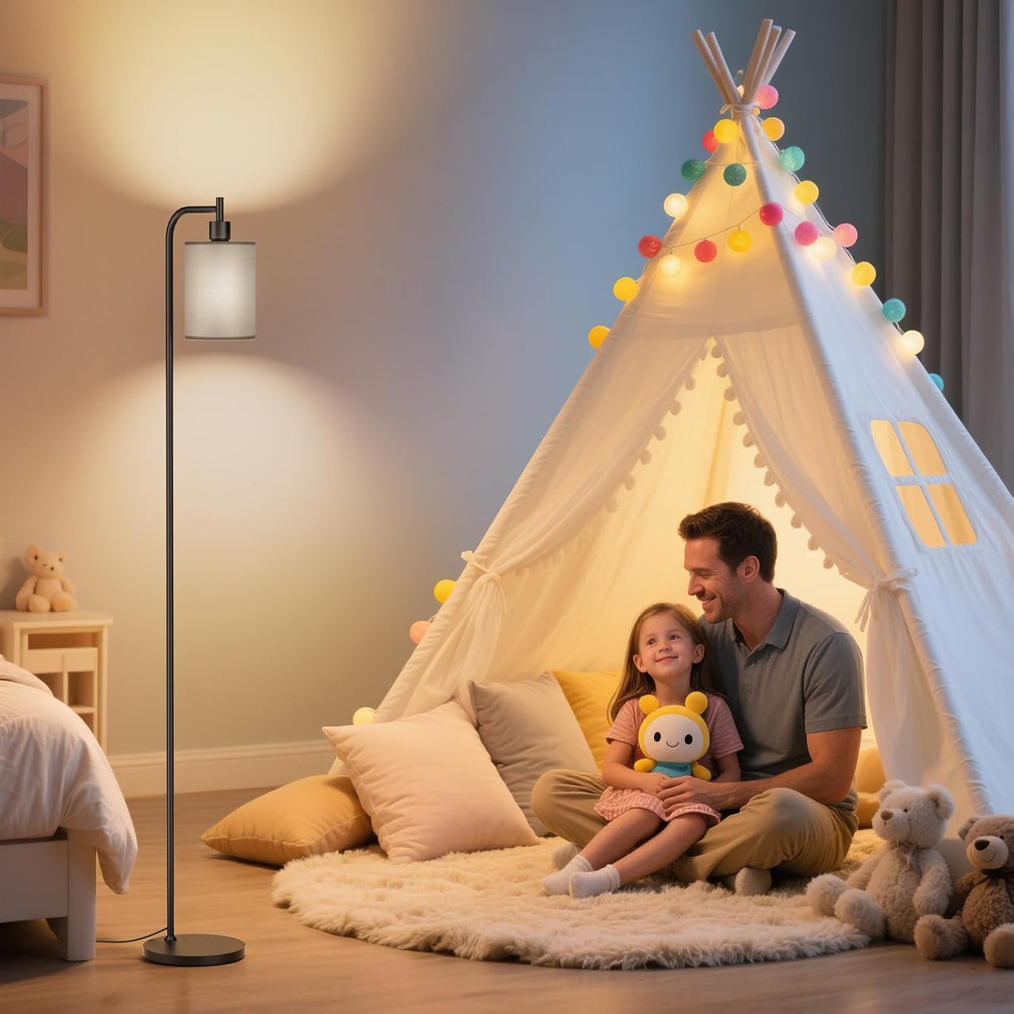 Dimmable Floor Lamp with Linen Shade & Remote Control - Modern 9W LED Standing Lamp for Living Room, Bedroom, Office