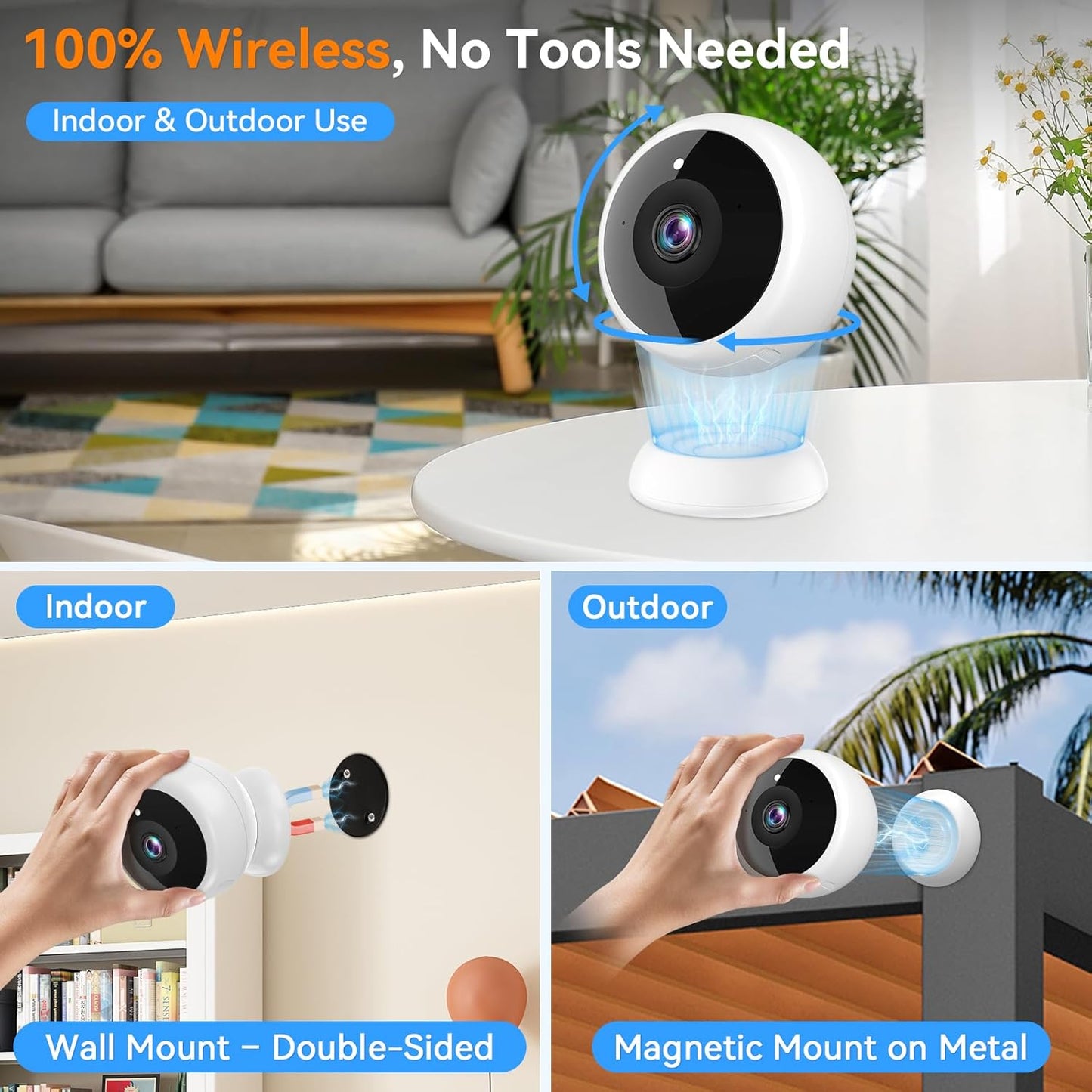 Wireless 2K HD Magnetic Security Camera - AI Motion Detection, 2-Way Audio, Night Vision
