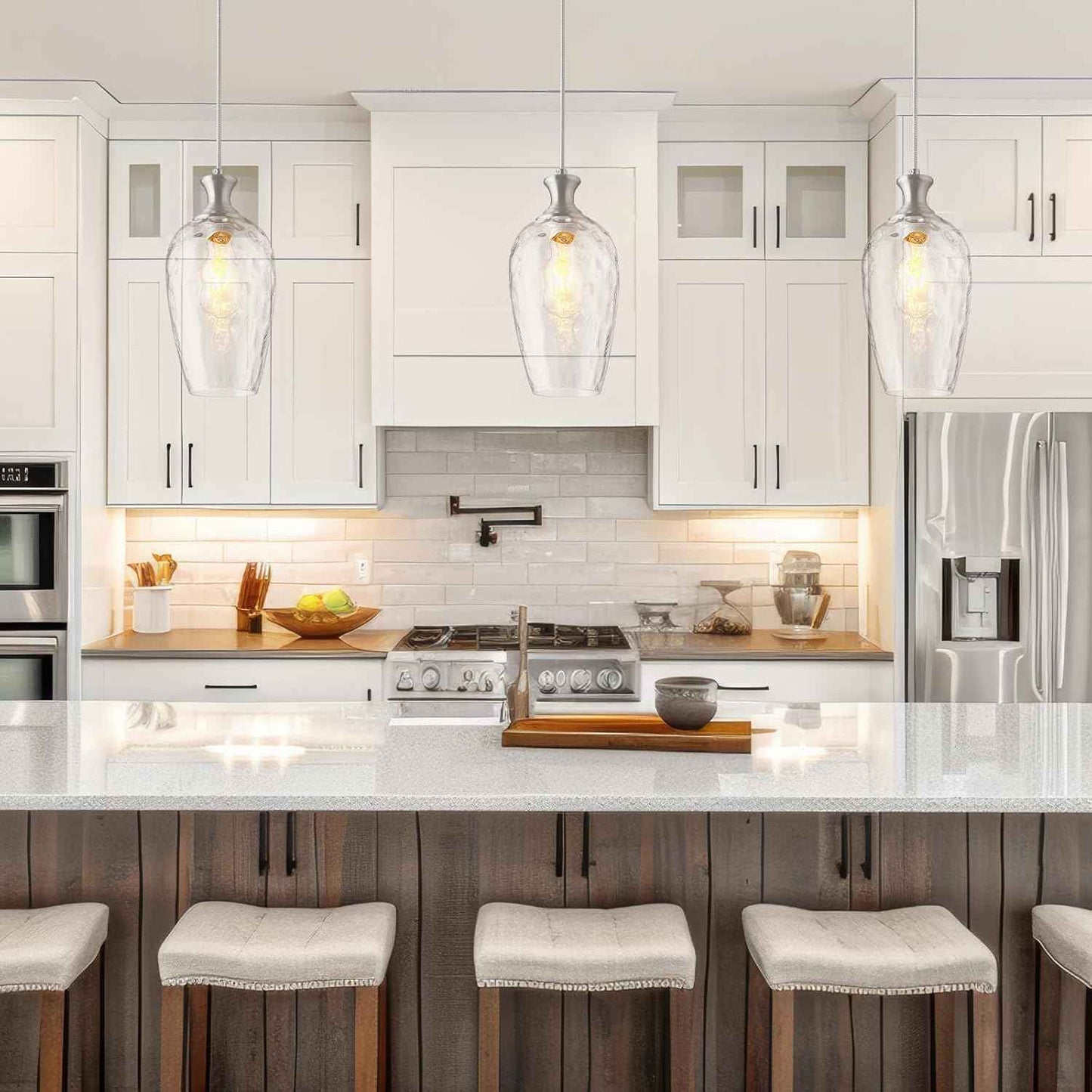Brushed Nickel Glass Pendant Light Fixture - Modern 1-Light Hanging Lamp for Kitchen Island & Dining Room