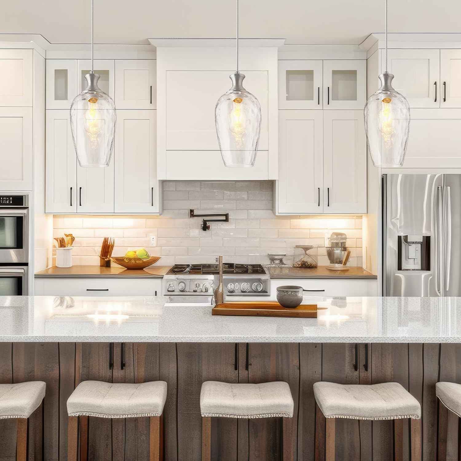 Brushed Nickel Glass Pendant Light Fixture - Modern 1-Light Hanging Lamp for Kitchen Island & Dining Room