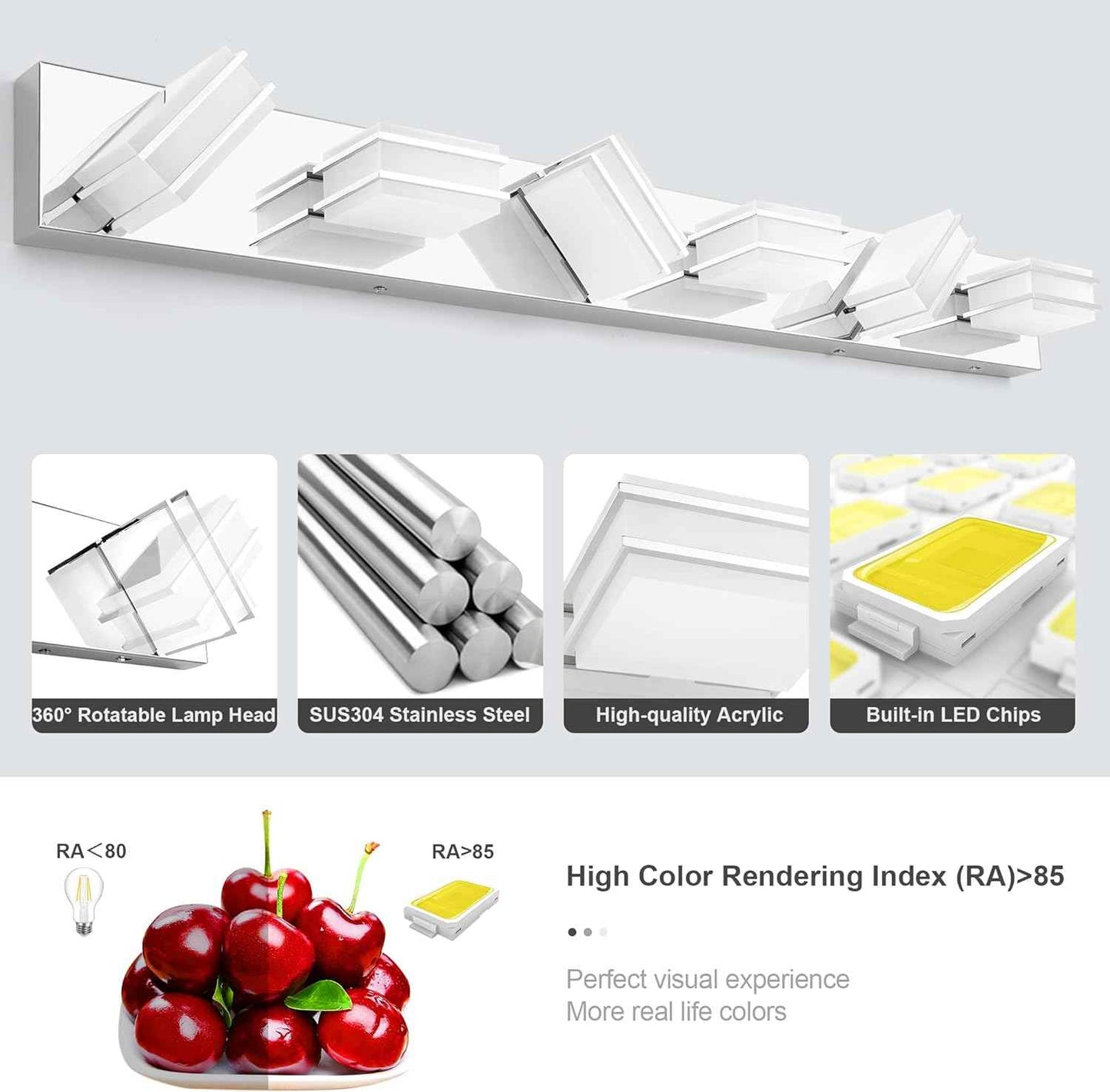 LED Chrome 3-Light Dimmable Bathroom Vanity Light Fixture - Modern Acrylic & Stainless Steel Over Mirror Lighting