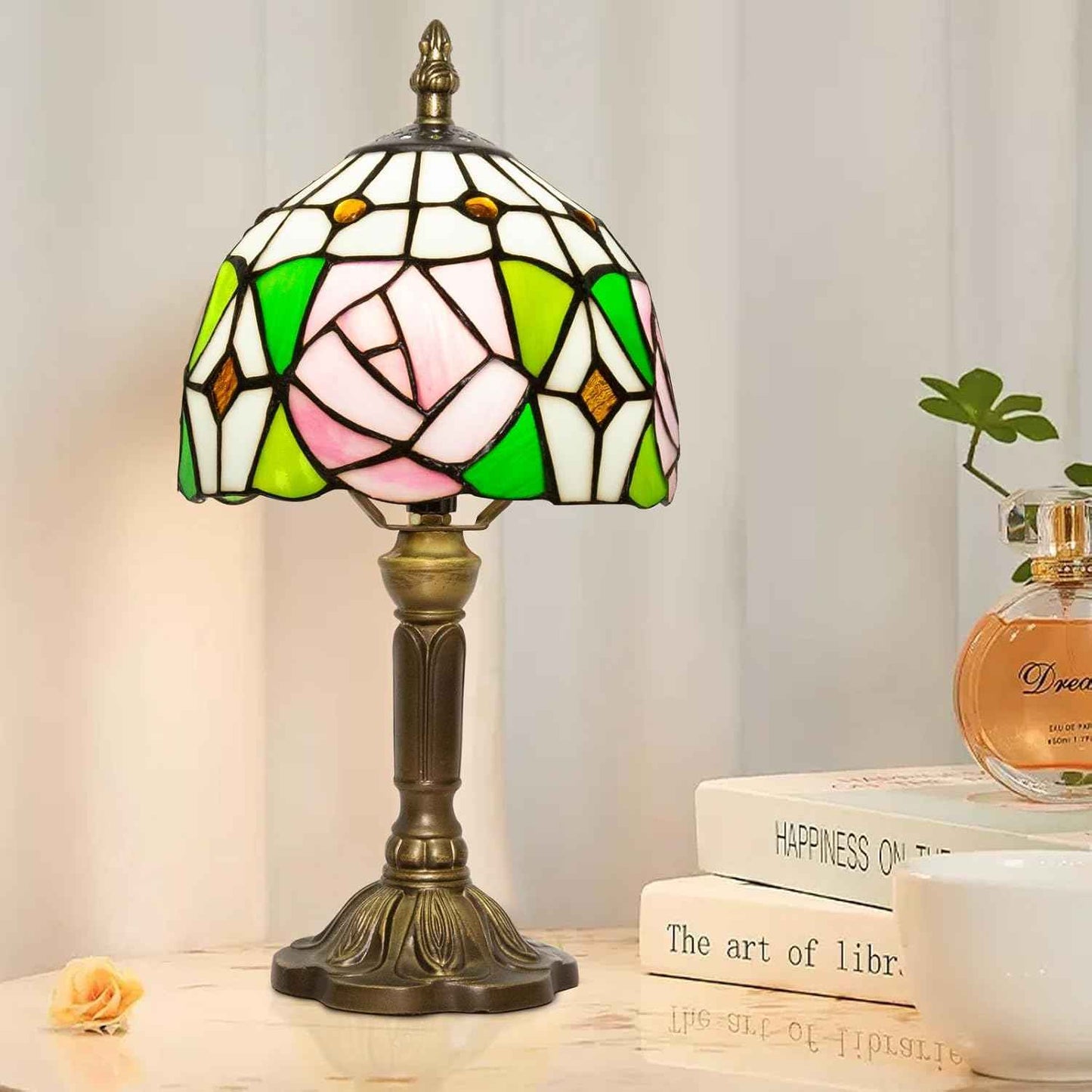 Tiffany Table Lamp - 8 Inch Antique Stained Glass, 3 Color Temperatures, Handcrafted for Bedroom & Living Room
