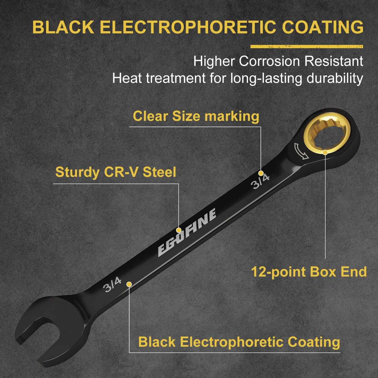 Egofine 3/4 Ratchet Wrench, 3/4 Wrench Ratcheting Combination Wrenches SAE, Industrial Grade Gear Spanner with 12 Point Box End, 72-Teeth Ratchet Black Electrophoretic Coating,CR-V
