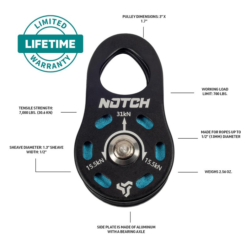 Notch Micro Pulley Combo Includes Micro Pulley, Micro Carabiner & 5mm Accessory Cord, Midline Attachable, Use with Lines up to ½” (13mm) (50096)