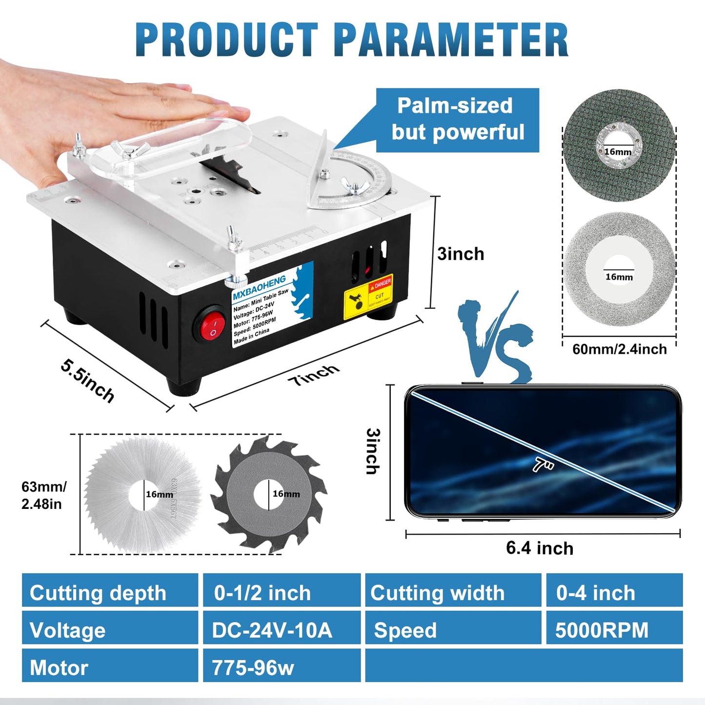 MXBAOHENG Updated Mini Multifunctional Table Saw with Cutting & Sanding Switch, Small Portable Hobby Table Saw for DIY Crafts, Model Making, Wood/Plastic/Acrylic Cutting, 96W 7-Speed Control