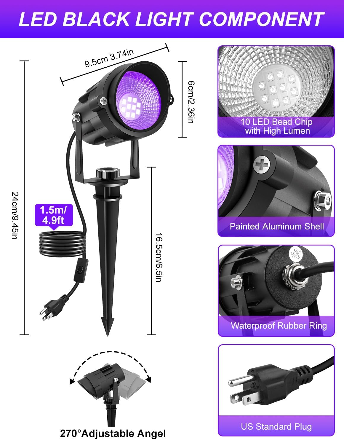 LED Black Light Spotlight - Waterproof Outdoor Landscape Lights for Glow Parties & Decorations (4 Pack)