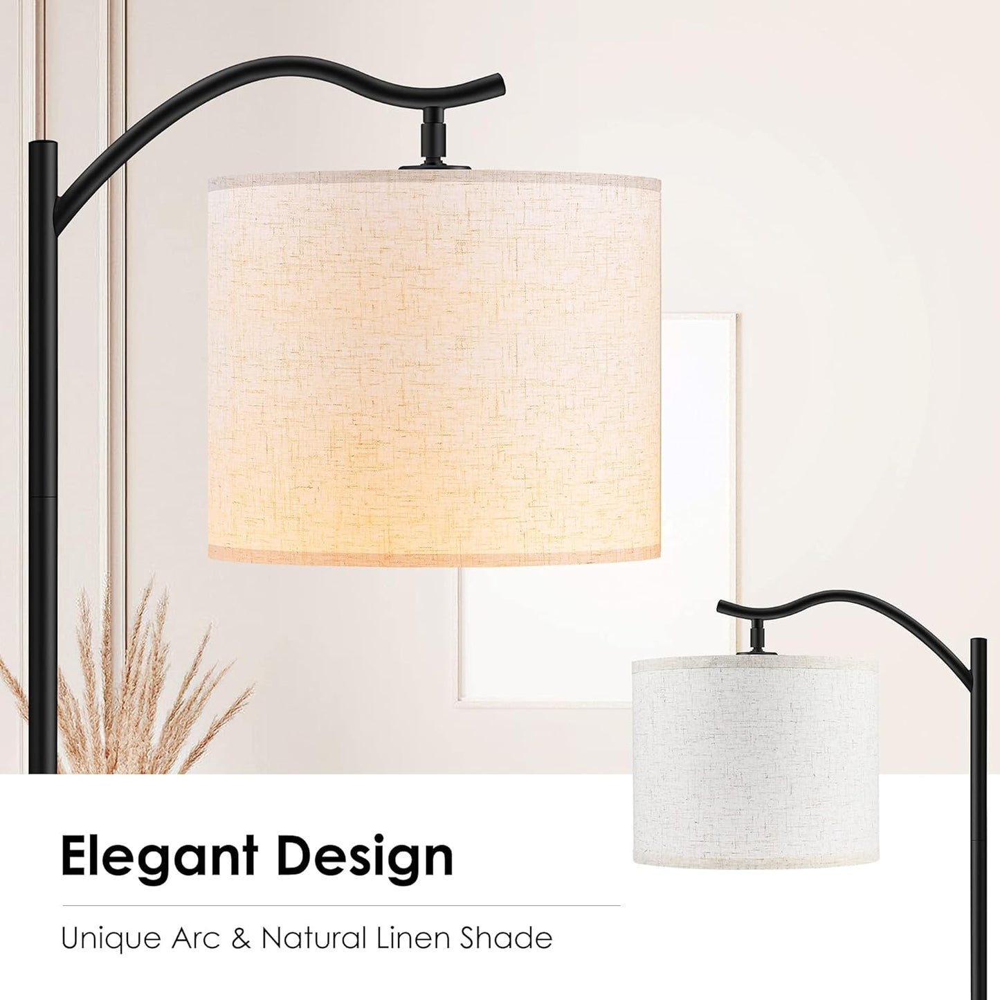 Modern LED Floor Lamp with Bohemian Linen Shade – Arched Tall Standing Light for Living Room & Bedroom