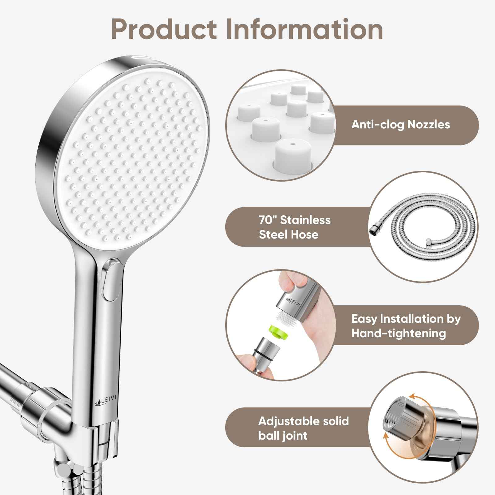LEIVI High Pressure Shower Head, 4-mode Handheld Showerheads with 70 Inch Stainless Steel Hose, Built-in Power Wash to Clean Tub, Tile & Pets, Anti-clog Nozzles, Adjustable Bracket, Chrome