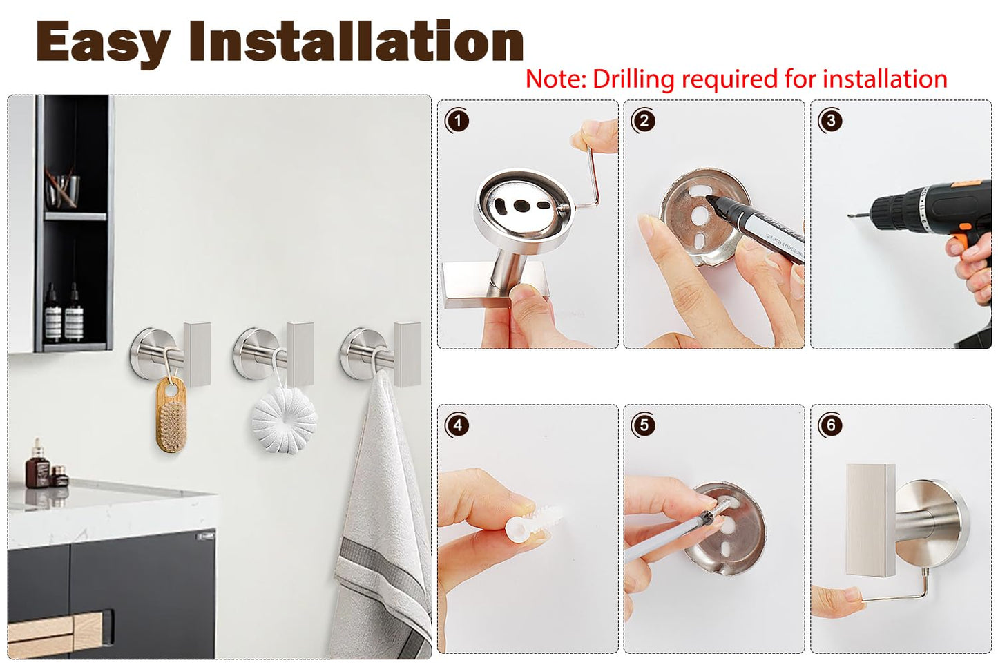 Siyzda Towel Hooks for Bathroom Wall, SUS 304 Stainless Steel Robe Coat Hook, Heavy Duty Towel Hanger for Kitchen Bedroom Living Room, 3 Pack (Brushed Nickel)