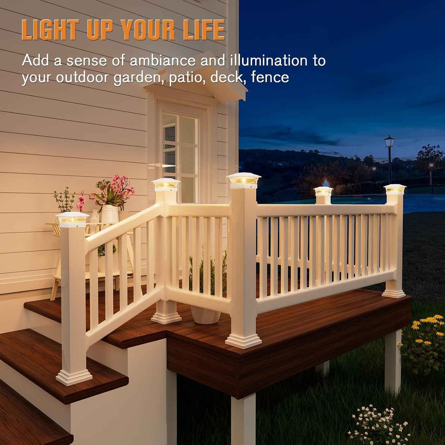 Solar Post Cap Lights 8-Pack - Adjustable Brightness Warm White, IP64 Waterproof, Vintage Edison Bulbs for 4x4, 5x5, 6x6 Fence & Deck Posts - Black