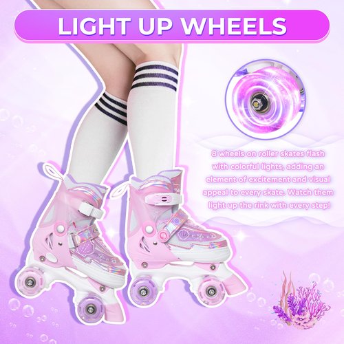 MammyGol Adjustable Kids Roller Skates for Girls or Boys, Underwater Landscapes Quad Skates with All Light Up Wheels for Indoor Outdoor Sports