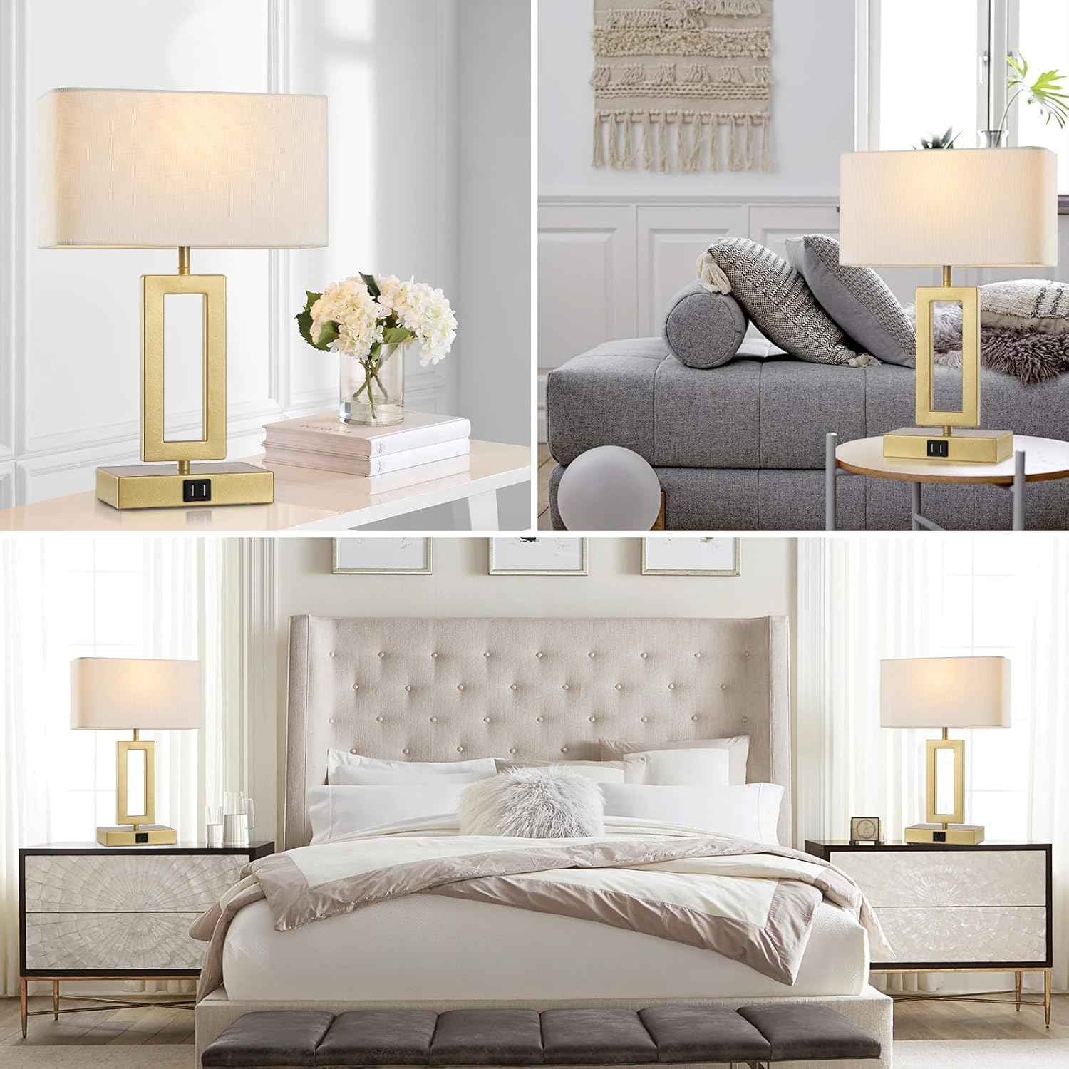 Gold Table Lamps Set of 2 - 3-Way Dimmable Touch Control with USB Ports, 22” Modern Design for Bedroom & Living Room