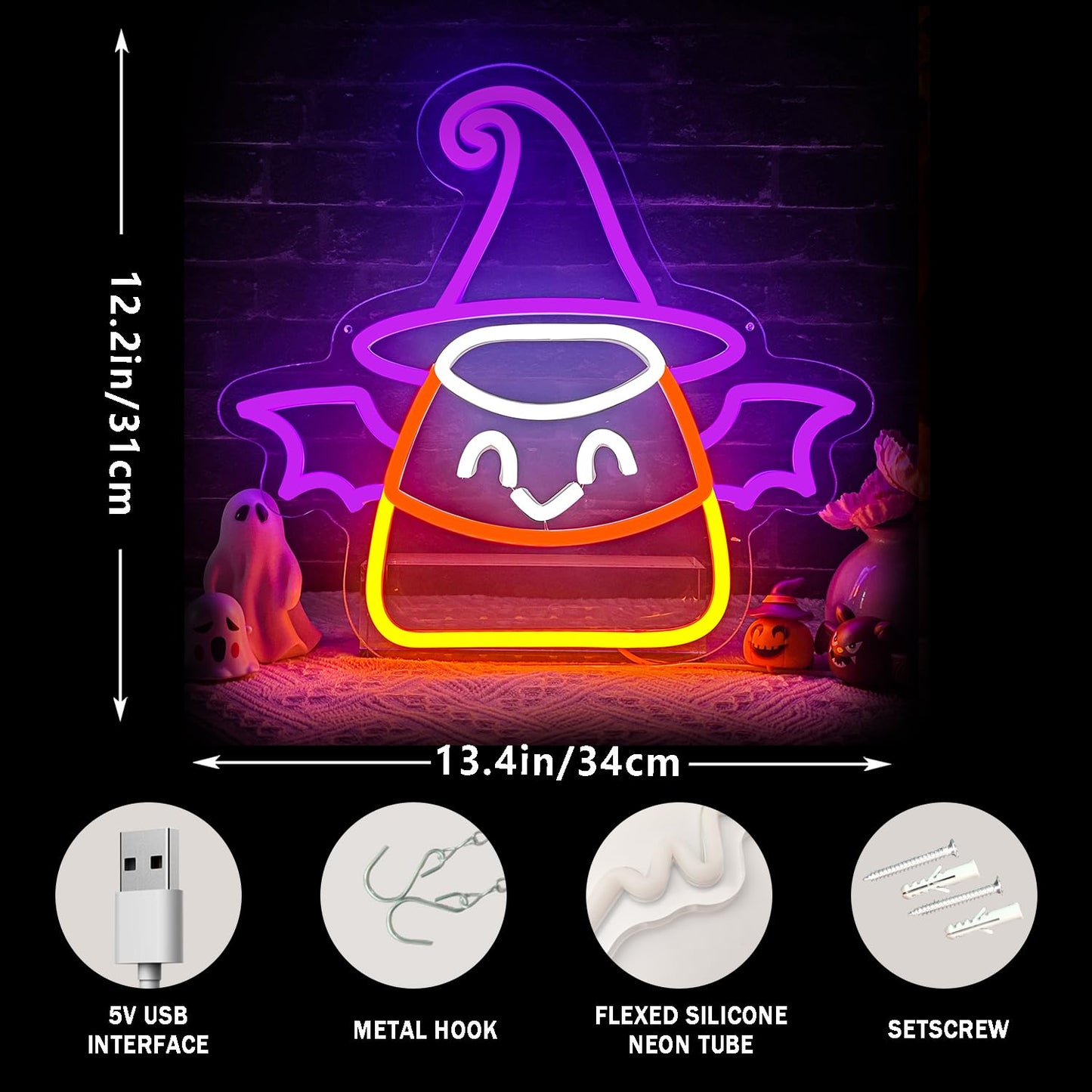 Halloween Neon Sign for Wall Decor Bat Led Sign Dimmable Candy Corn Neon Sign Witch Neon Light Up Sign Halloween Bedroom Kids Room Bar Horror Man Cave Game Room