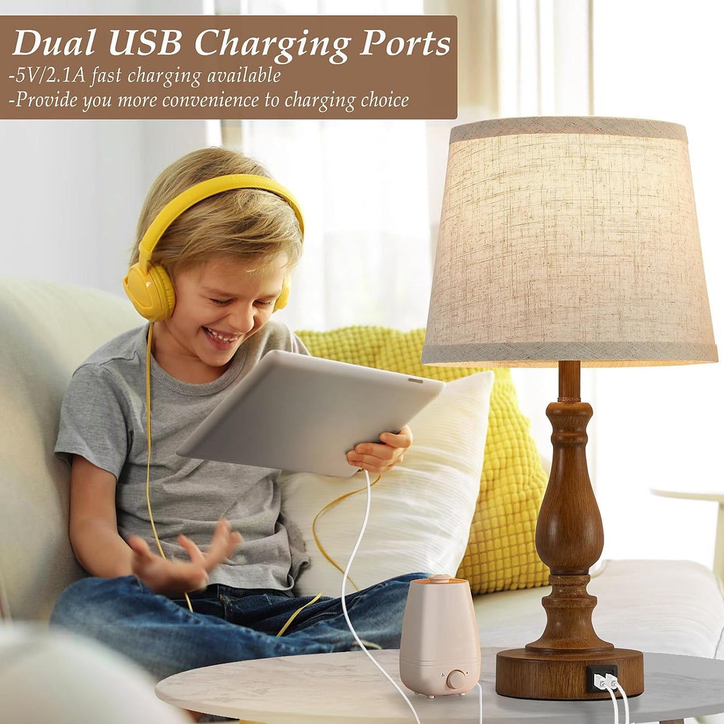 Touch Bedside Table Lamps Set of 2 with USB C+A Ports - 3-Way Dimmable Linen Shade