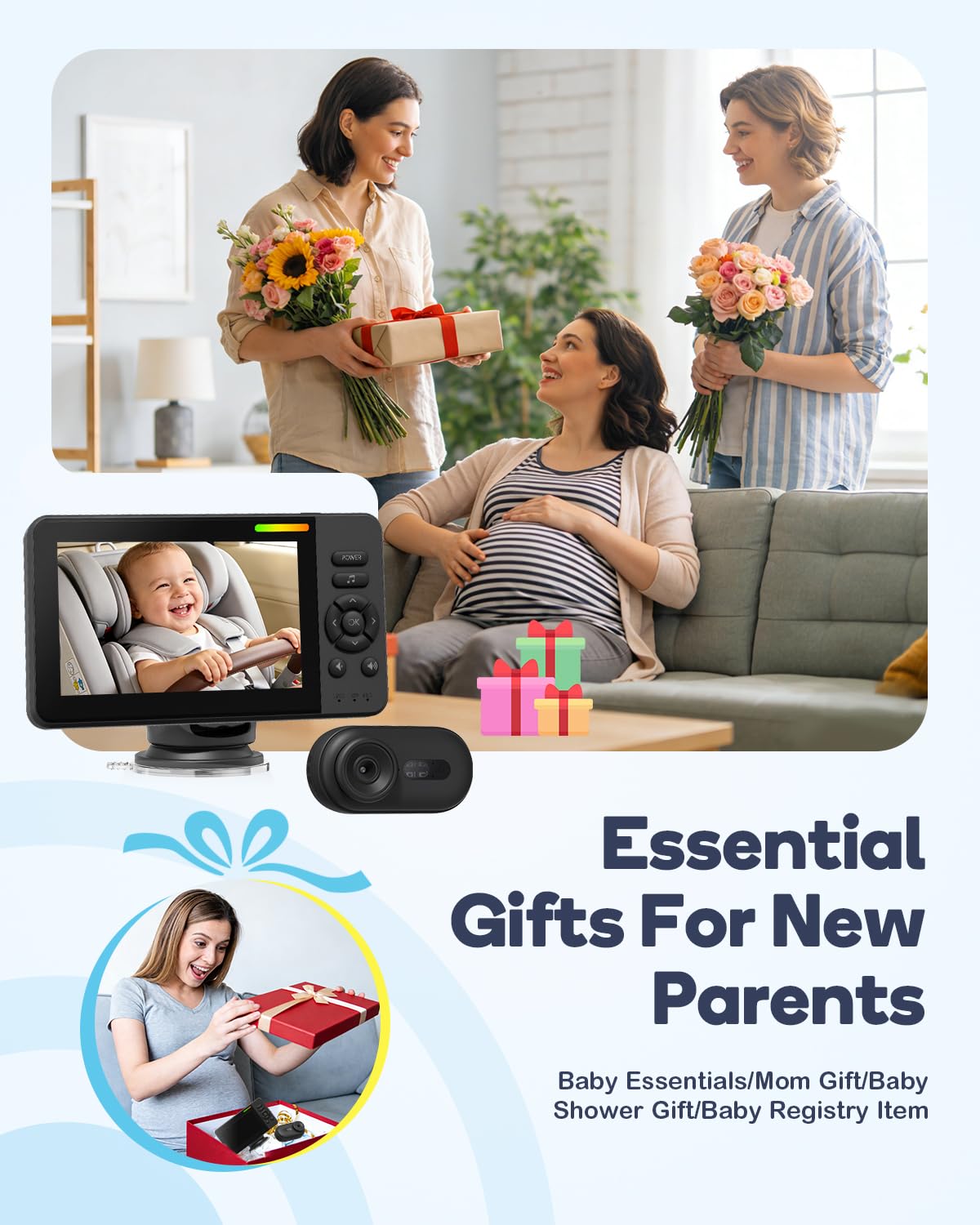 Wireless Baby Car Camera Monitor – 4.3" Display + 360° Rotating Cam for Rear-Facing Seats, No Wi-Fi Needed,1080P HD with Auto IR Night Vision, USB & Battery Powered,Easy-Install