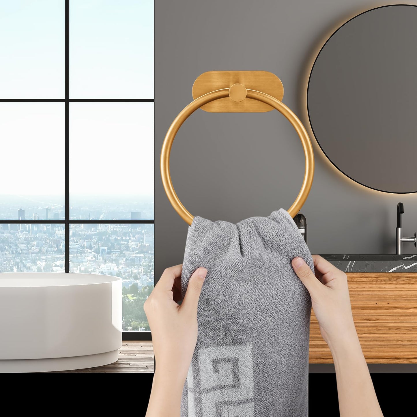 Self-Adhesive Towel Ring for Bathroom, No Drilling Stainless Steel Rustproof Hand Towel Holder, Wall Mounted Bathroom & Kitchen Towel Hanger with Strong Adhesive, Modern Bath Organizer Brushed Gold