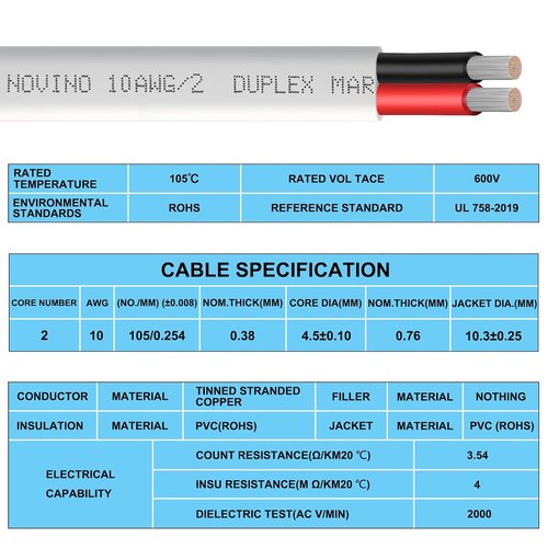 10 Gauge Marine Wire - 15ft Tinned Copper Heavy Duty Duplex Cable for Boats, RVs & Trailers